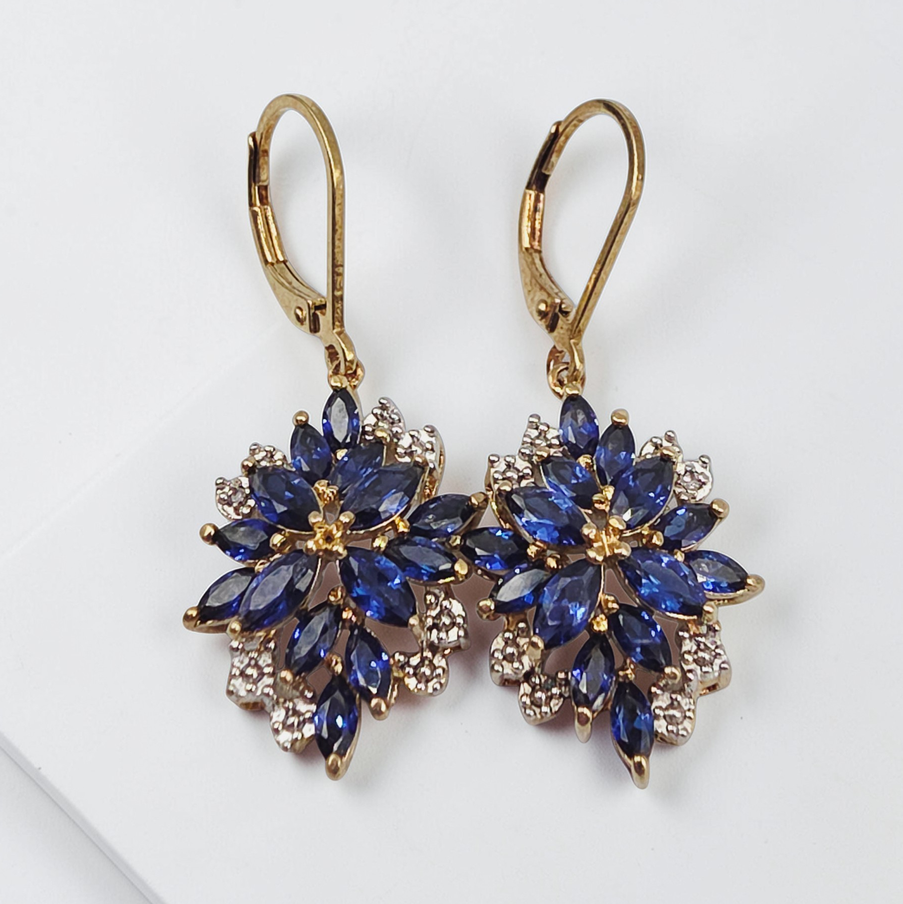 925 Sterling Silver Gold Vermeil Earrings with Blue Sapphire & Diamond Cluster