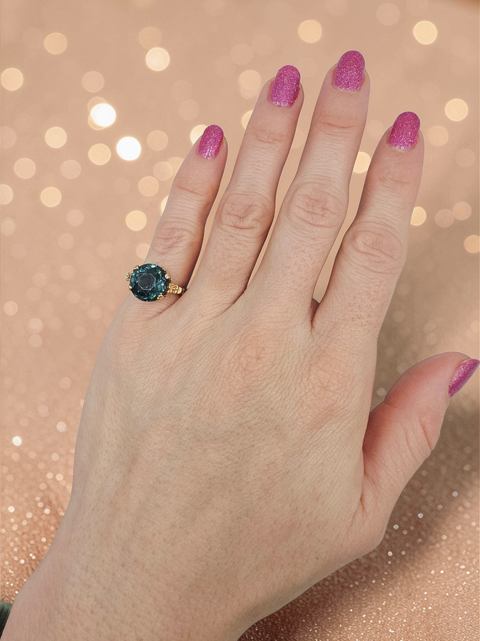 Solid 10K Yellow Gold Ring with Large Round-Cut Teal CZ– Size 5