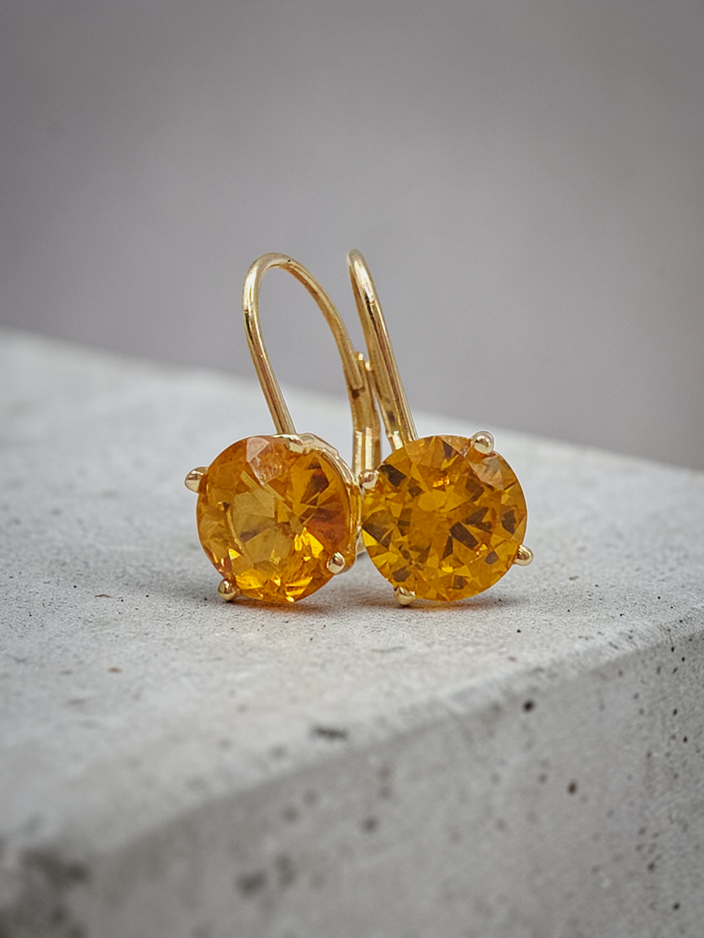 Solid 14K Yellow Gold Round Cut Citrine Leverback Drop Earrings