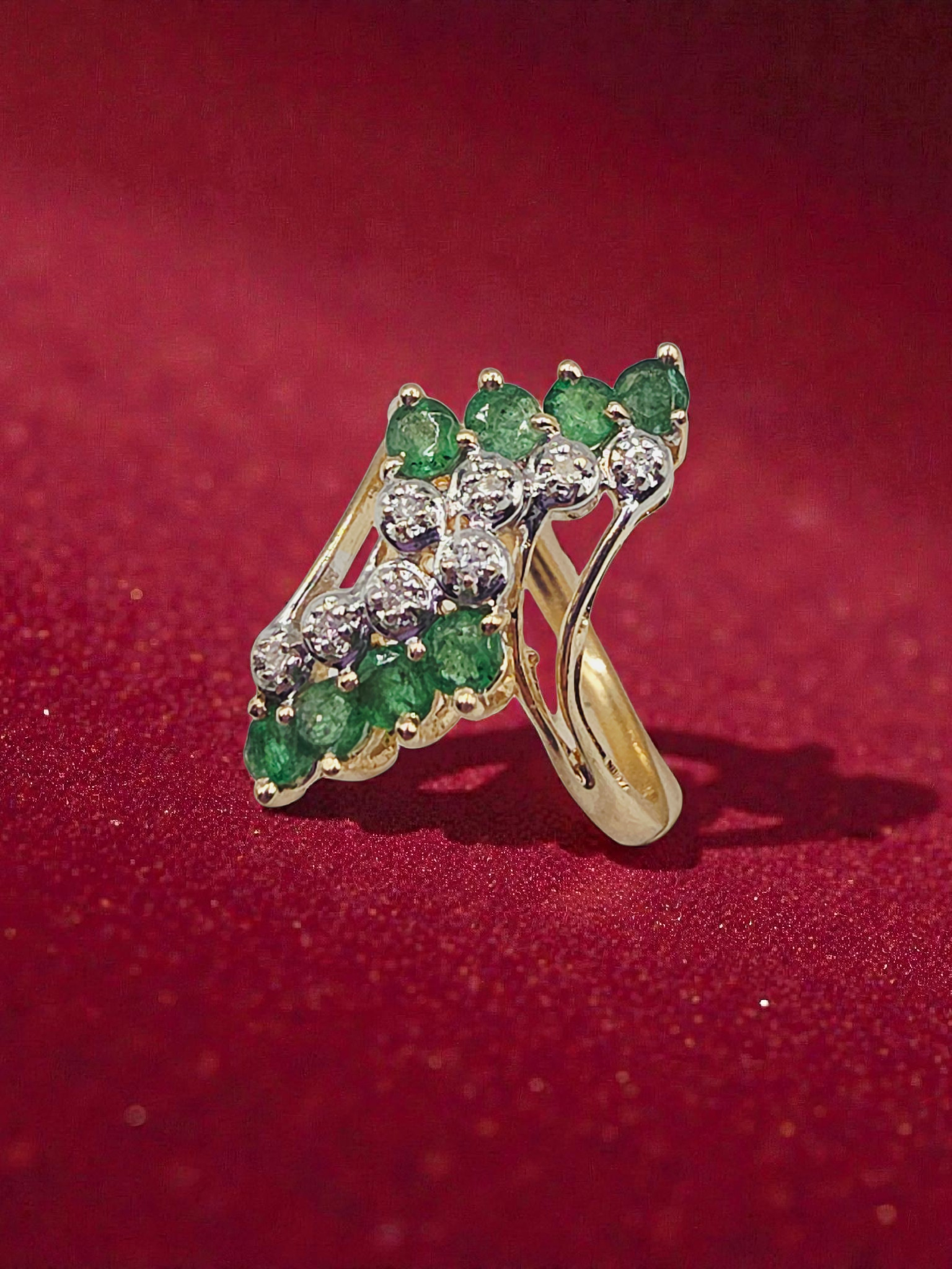Solid 14K Yellow Gold Ring with Round Cut Emeralds & Diamonds - Size 8