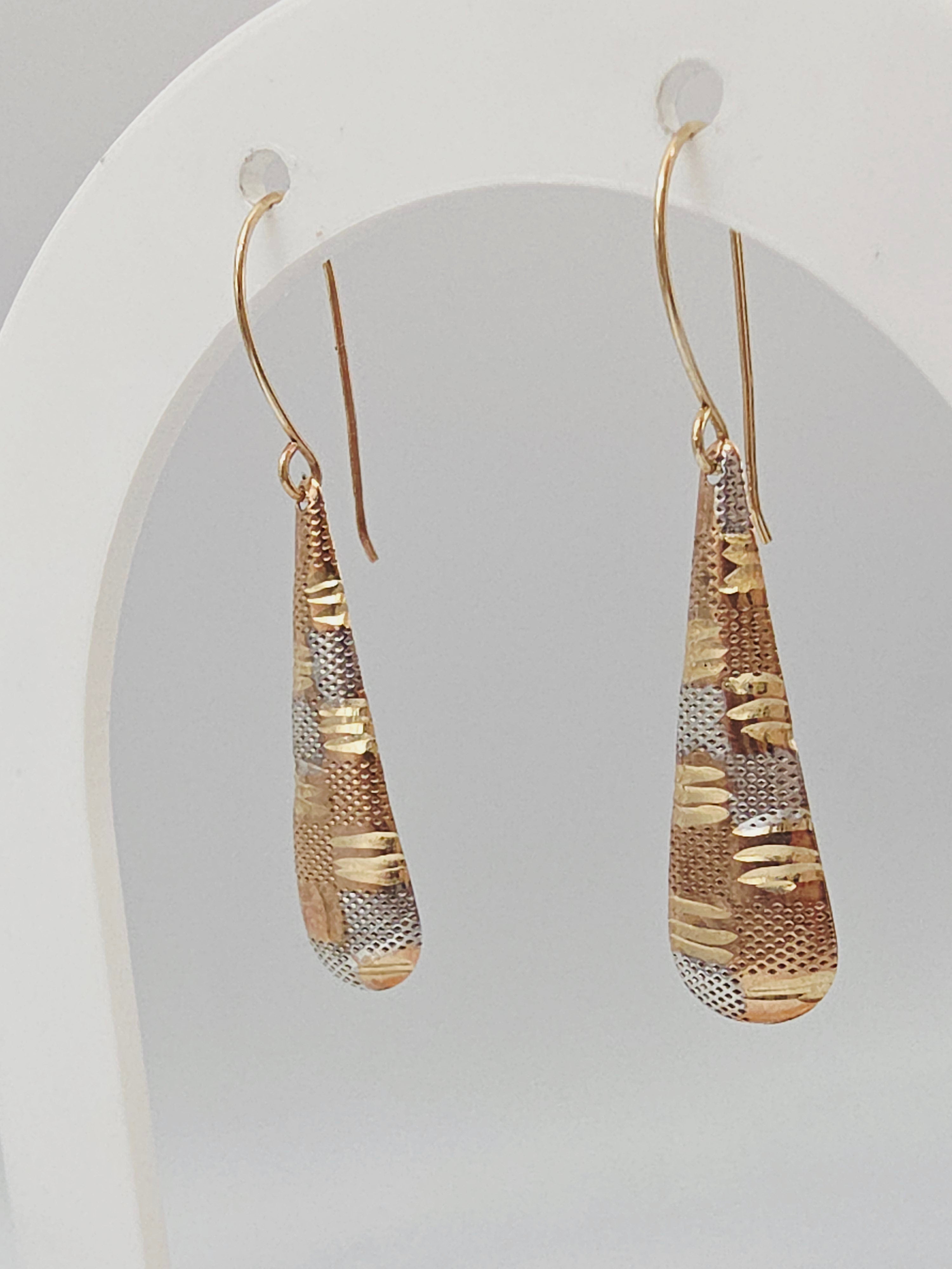 Solid 14K Two Tone Textured Gold Drop Dangle Earrings