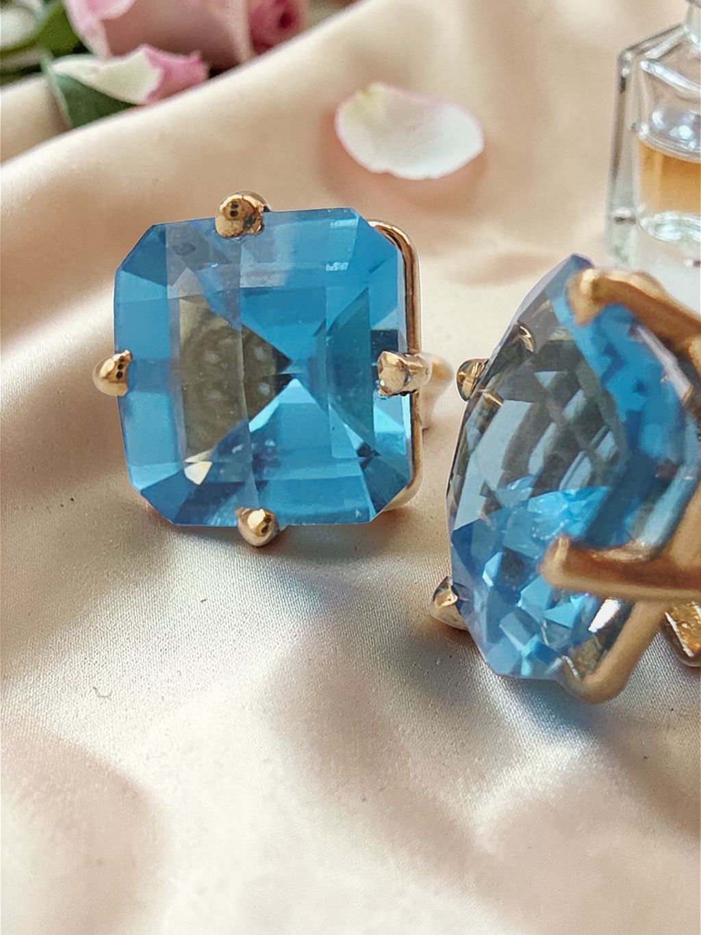 Solid 14K Yellow Gold Cushion Cut Blue Topaz Stud Earrings