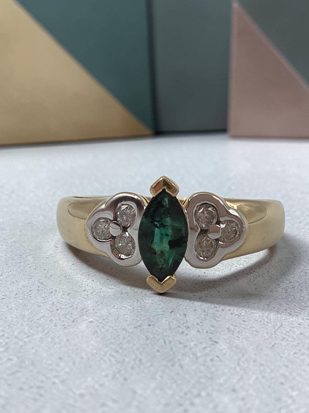 Vintage Black Hills Gold CCO Solid 14K Marquise Emerald Diamond Ring Size 6.75