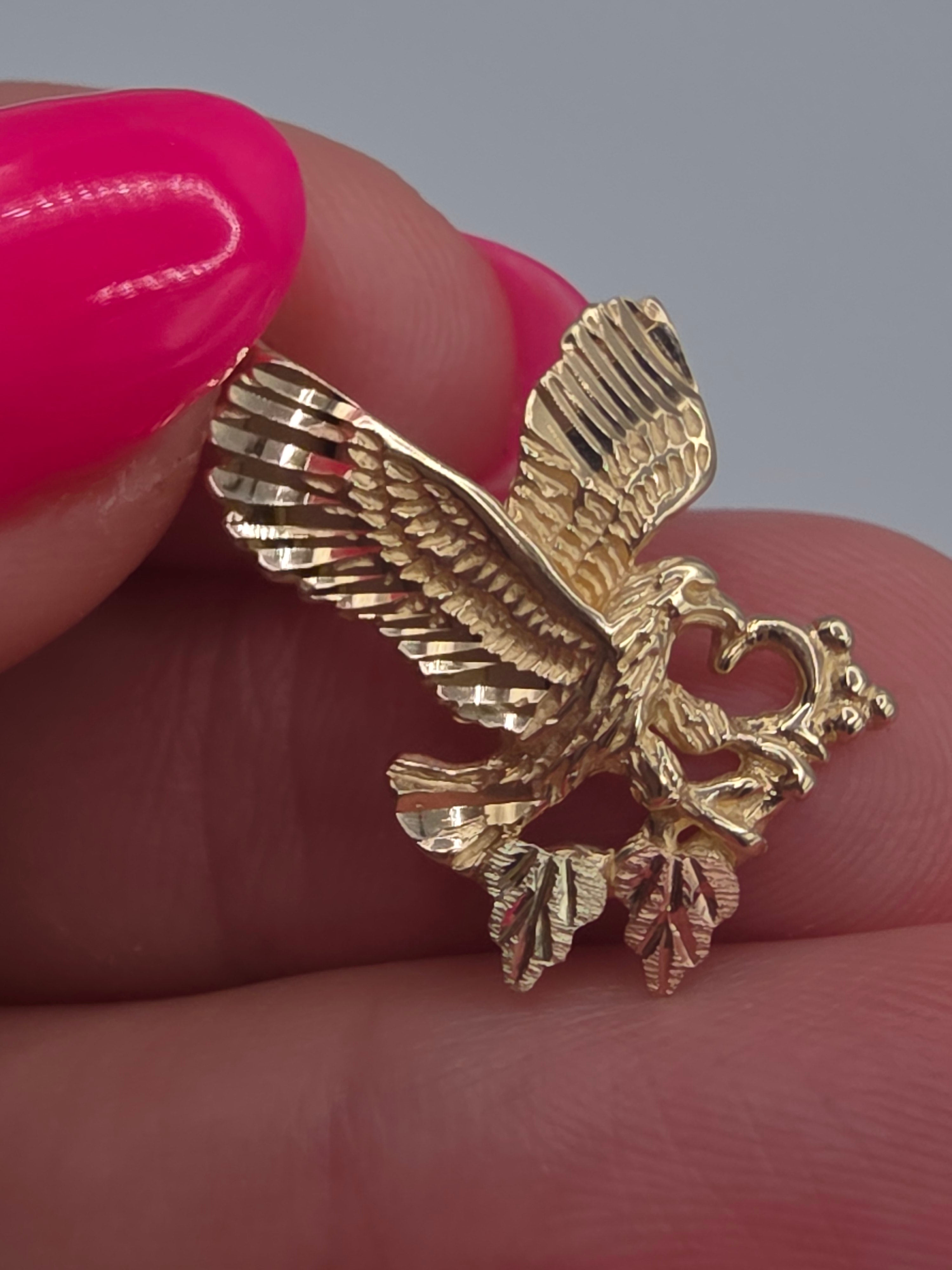 Vintage Black Hills Gold Solid 10K Tri-Color Soaring Eagle Pendant 12K Leaves