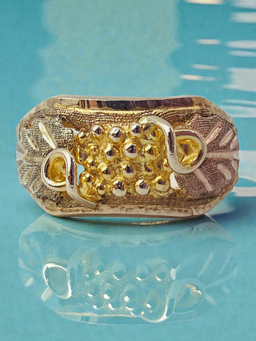 Black Hill Solid 10K Yellow Gold Ring with Tri-Color Grape Leaf Accents Sz 5.25