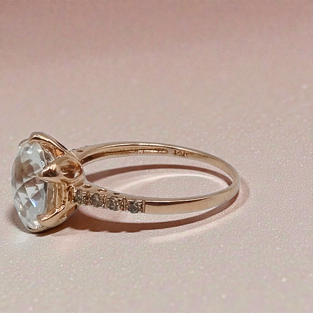 Solid 14K Rose Gold Ring with Lab-Created White Topaz & Diamond Accents - Size 8