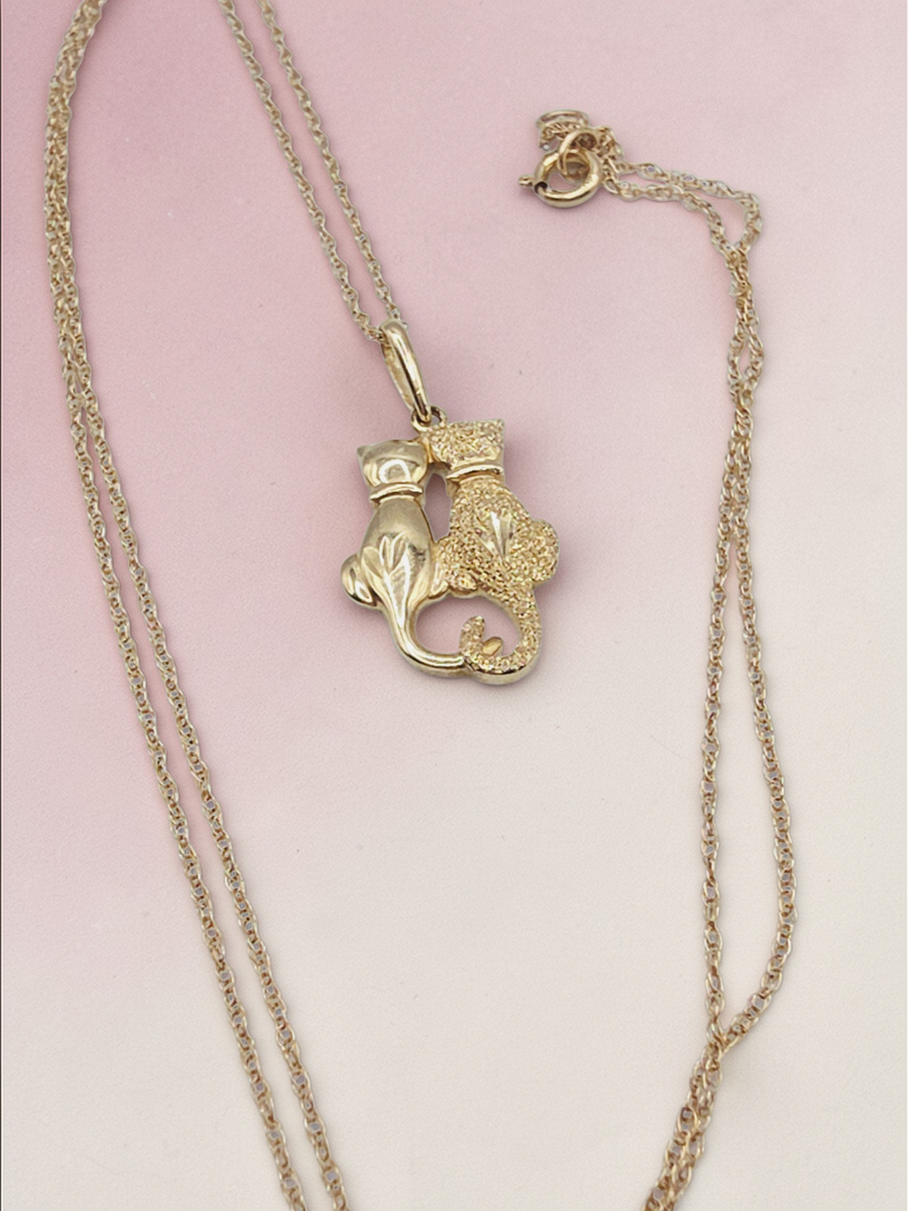 Solid 10K Yellow Gold Kitty Cat Love Couple Pendant Necklace - 18 Inch