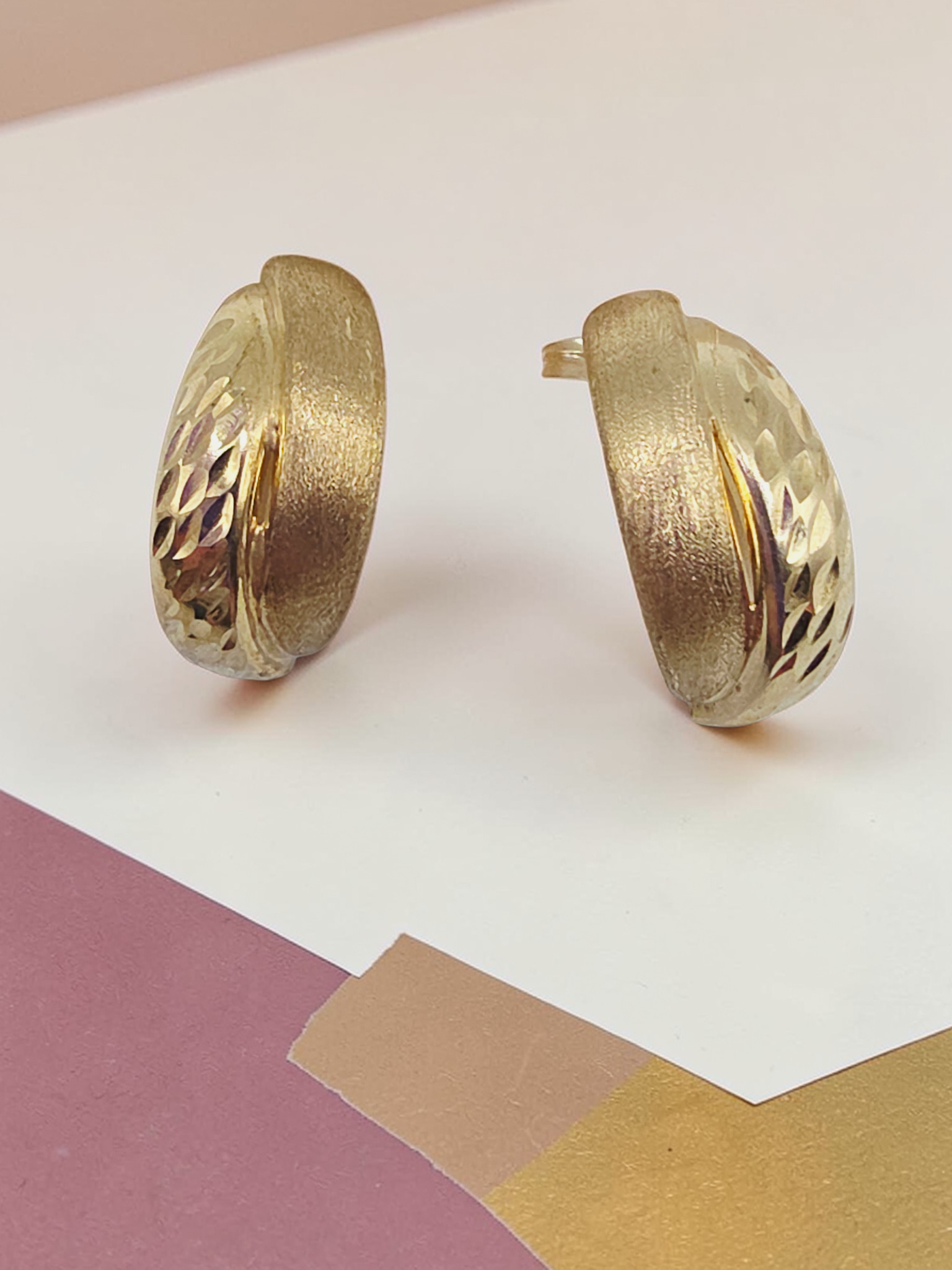 Solid 10K Yellow Gold Dual Textured Half-Hoop Earrings