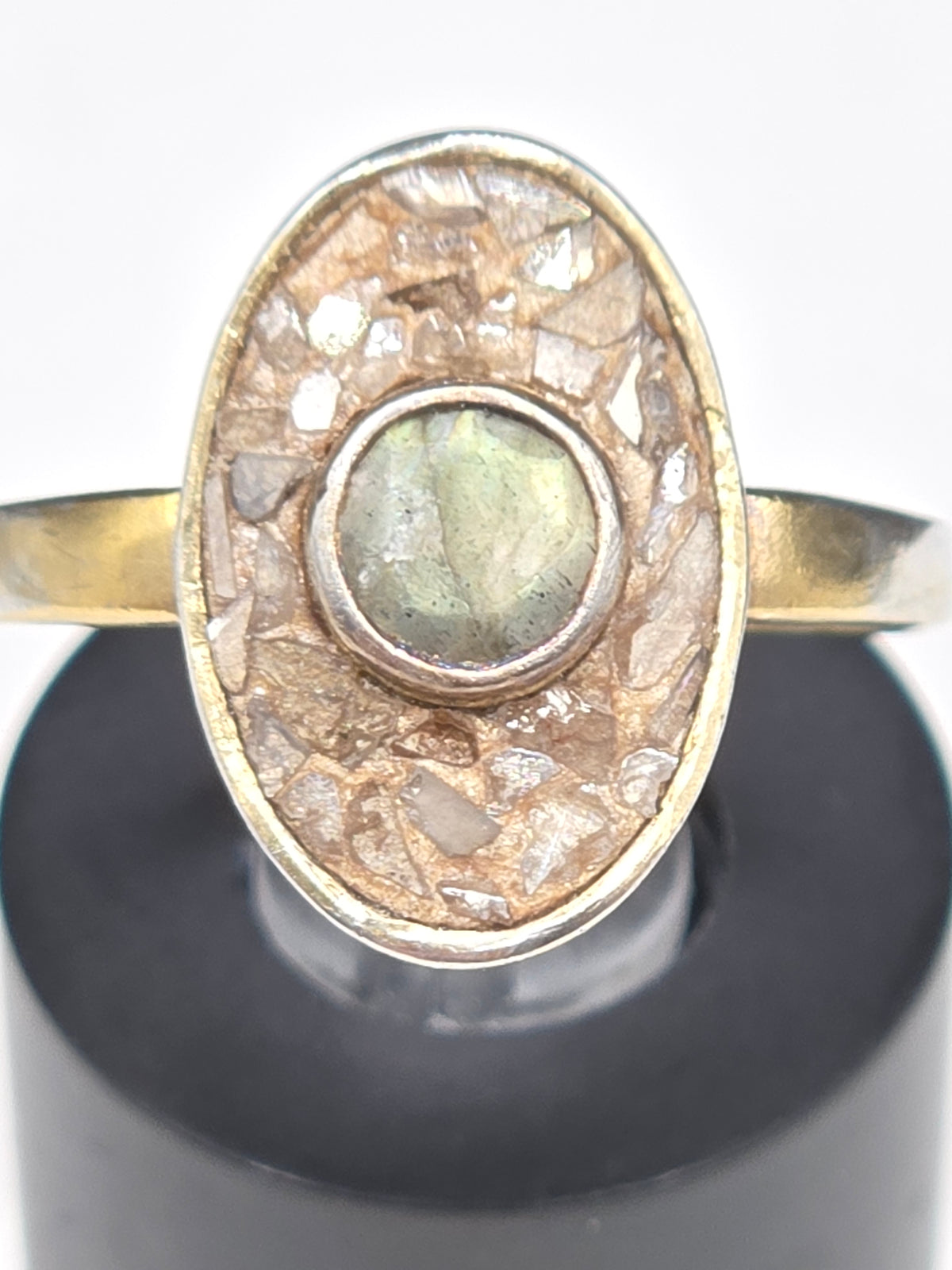 Vintage SG Sterling Silver 14K Gold Vermeil Labradorite Mosaic Ring - Size 7