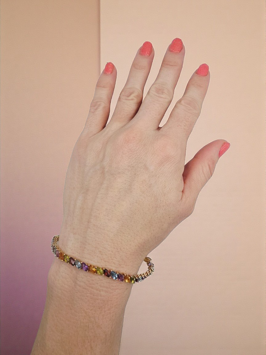 Solid 14K Gold Bracelet with Garnet, Topaz, Citrine, Peridot, Amethyst 7.25 Inch