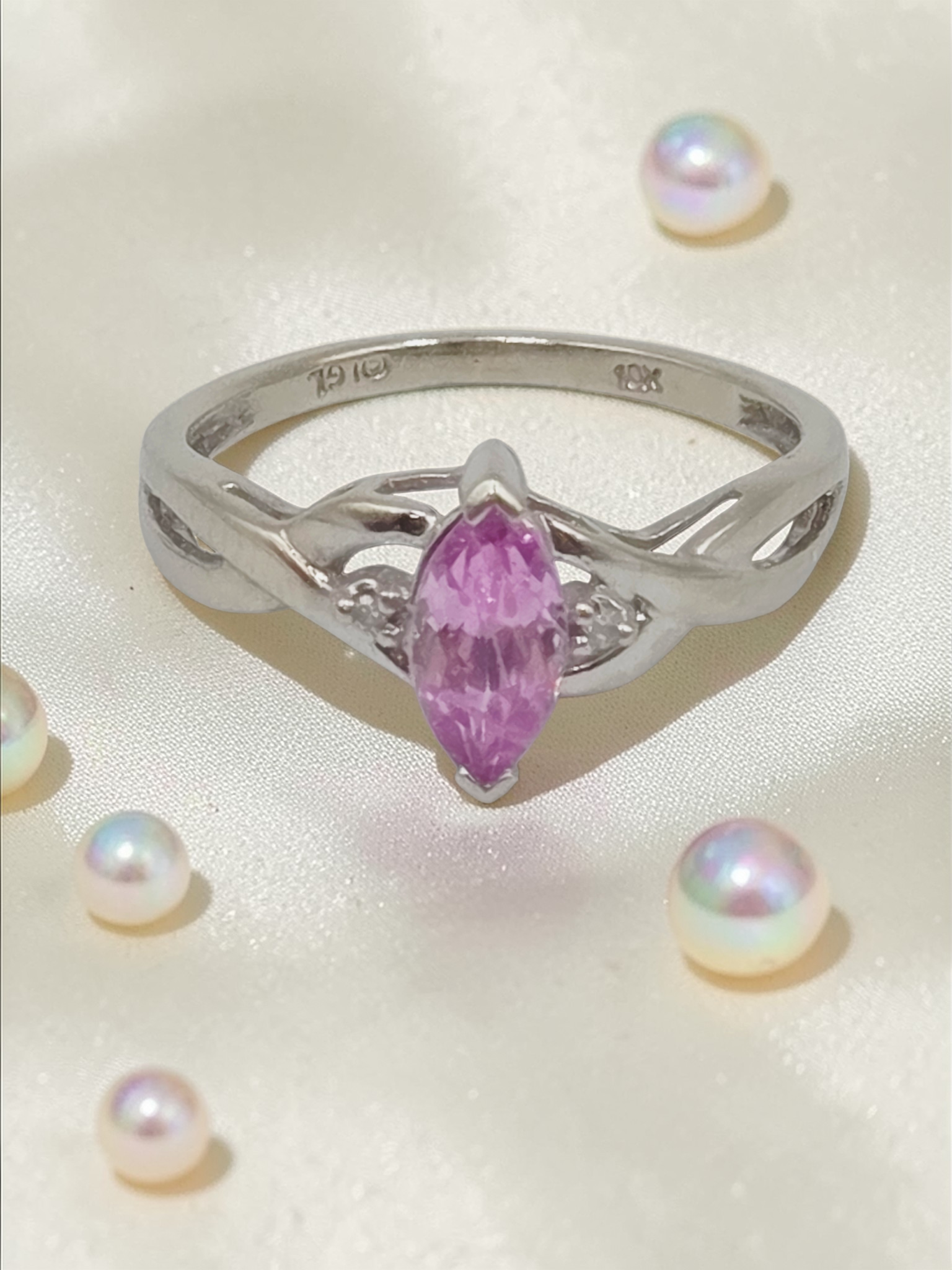 Solid 10K White Gold Ring with Marquise Cut Pink Sapphire - Size 5.75