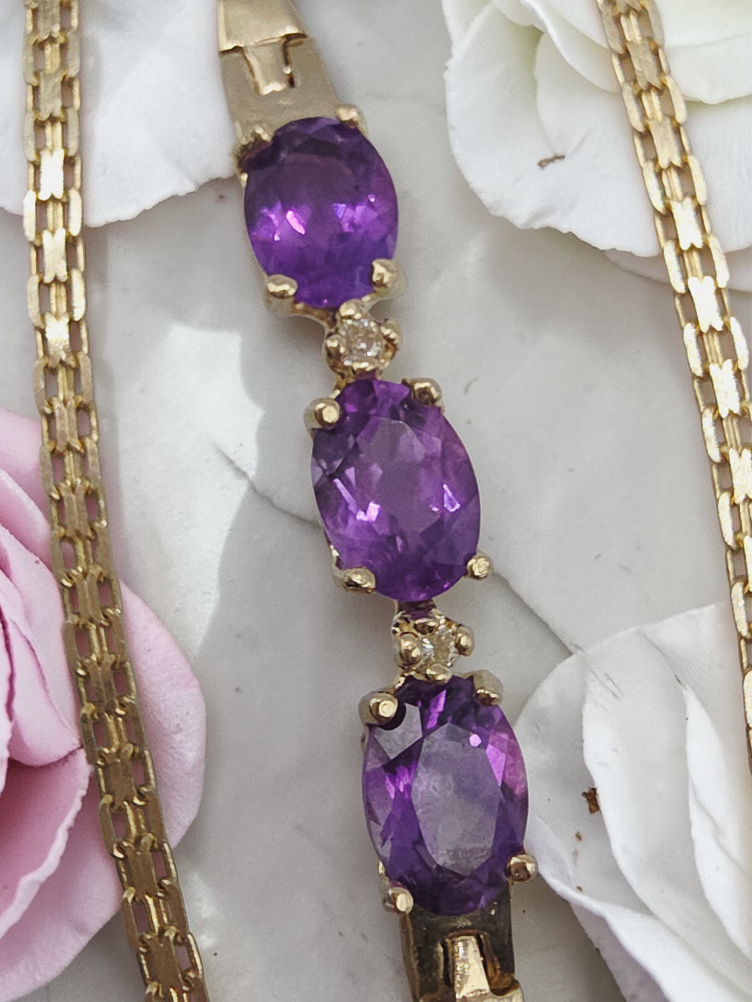 Vintage ATL Solid 14K Yellow Gold Bracelet with Amethyst & White Topaz 7.5 Inch