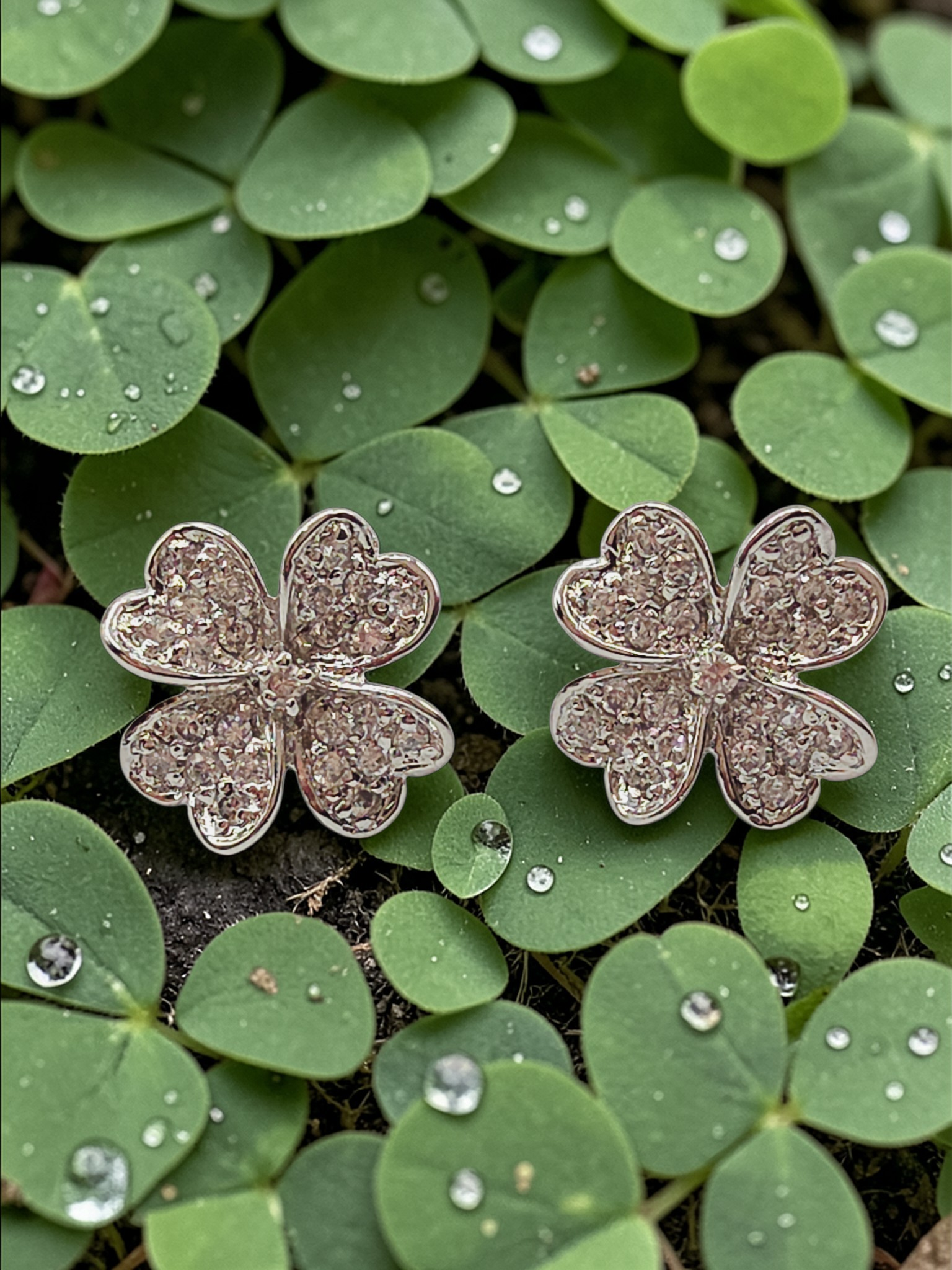 925 Sterling Silver Heart Leaf Clover Stud Earrings with CZ Accents