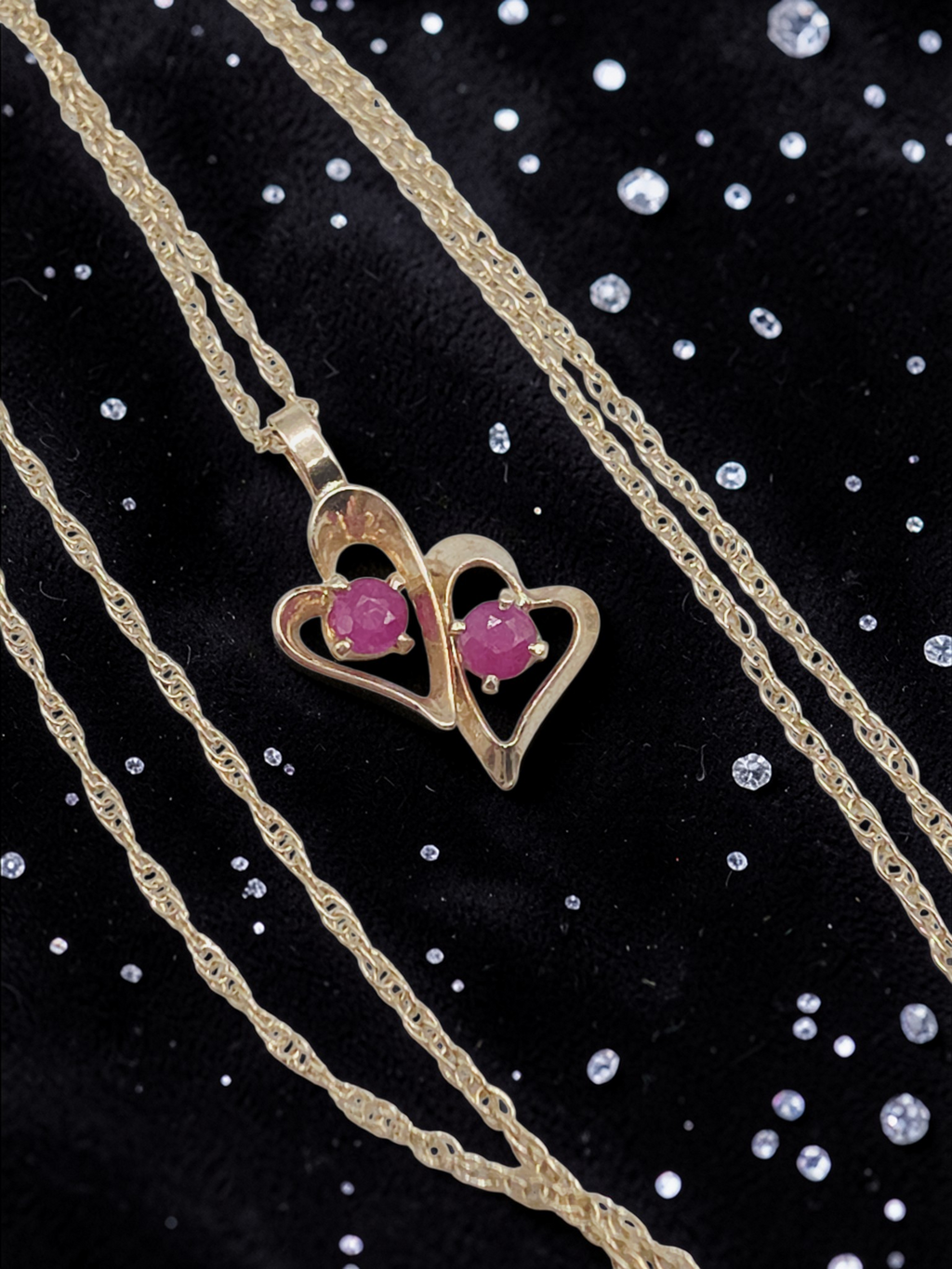Solid 14K Yellow Gold Double Ruby Heart Pendant Necklace - 18 Inch