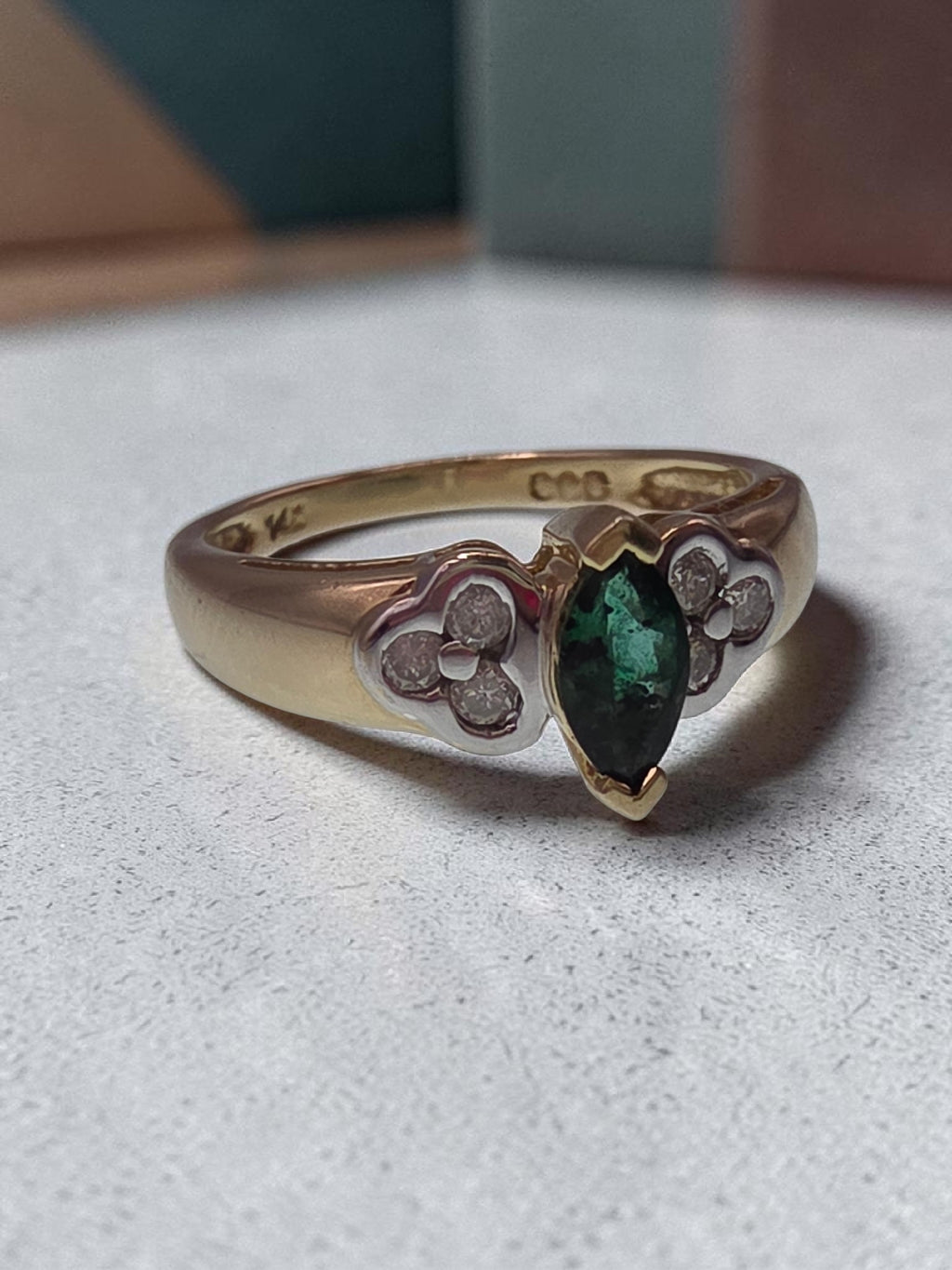 Vintage Black Hills Gold CCO Solid 14K Marquise Emerald Diamond Ring Size 6.75