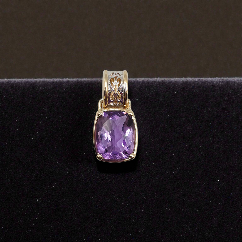 Solid 14k Gold Necklace Pendant with Cushion-Cut Amethyst