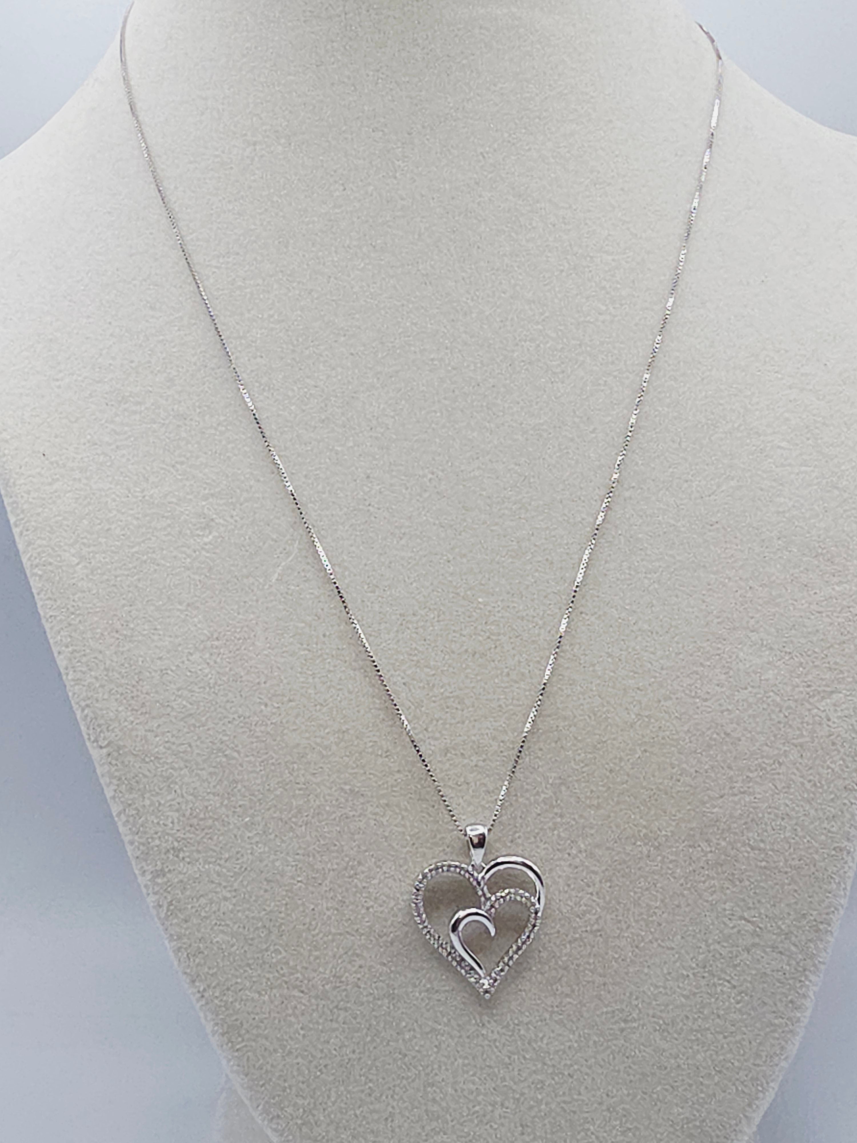 Sun Jewelry 925 Sterling Silver Double Heart Diamond Pendant Necklace - 18 Inch