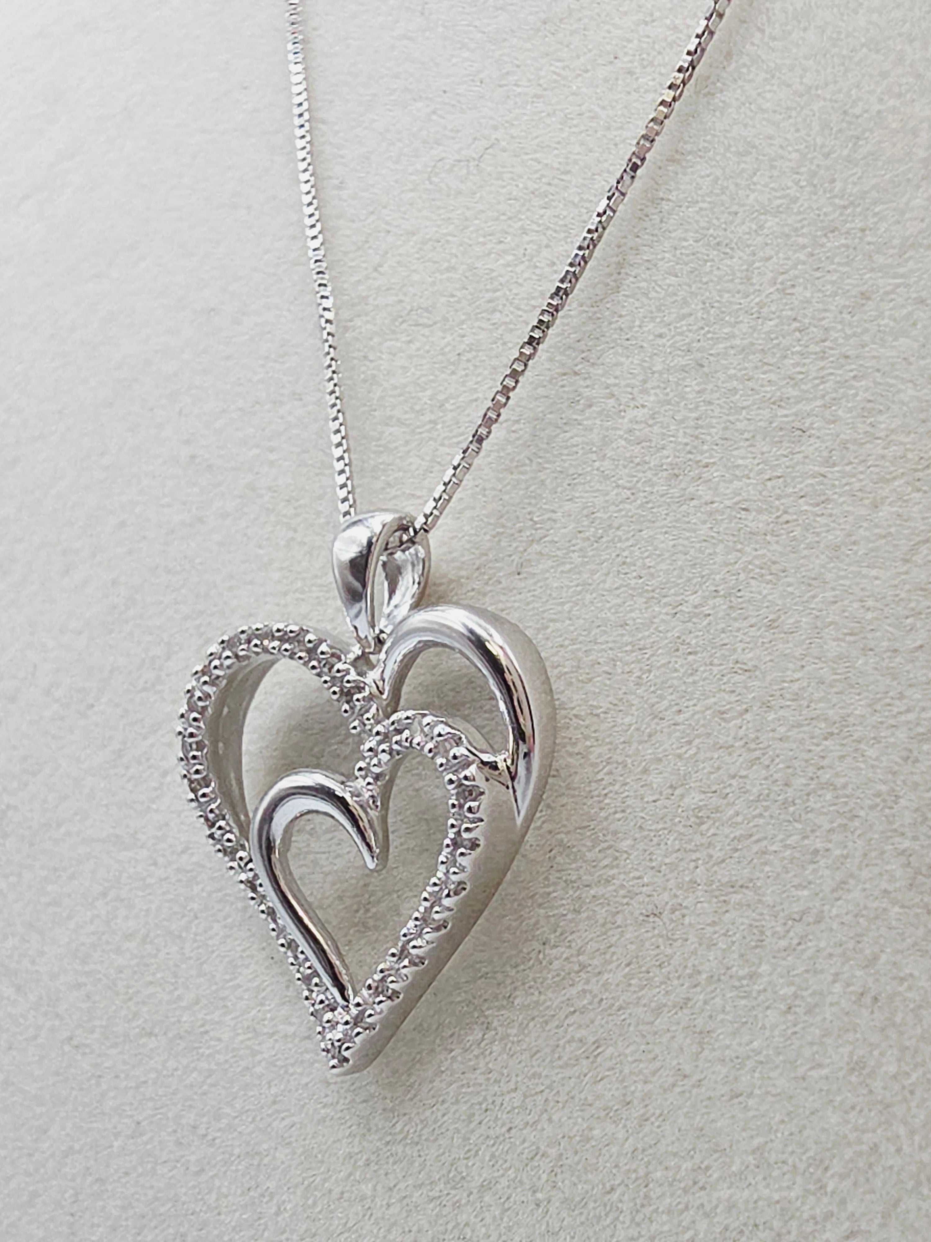 Sun Jewelry 925 Sterling Silver Double Heart Diamond Pendant Necklace - 18 Inch