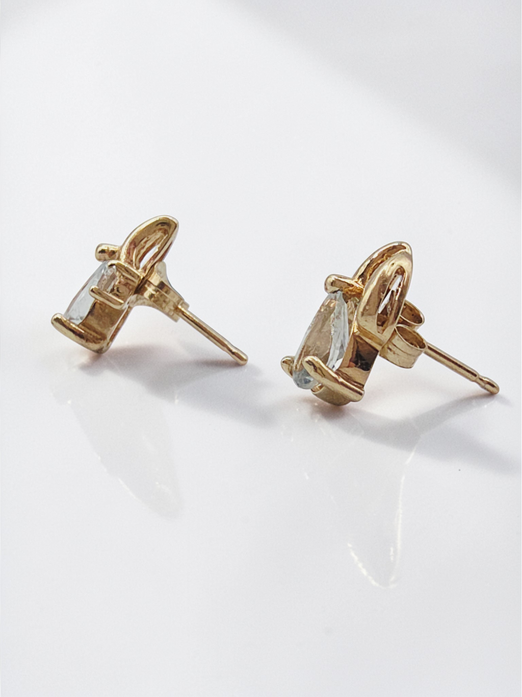Solid 10K Yellow Gold Pear Cut Aquamarine Stud Earrings with CZ Accent