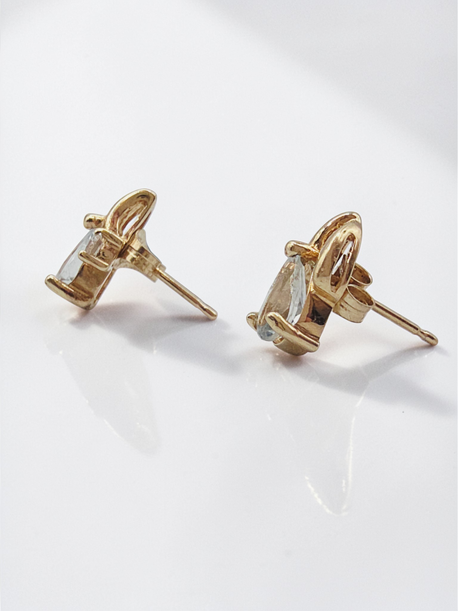Solid 10K Yellow Gold Pear Cut Aquamarine Stud Earrings with CZ Accent