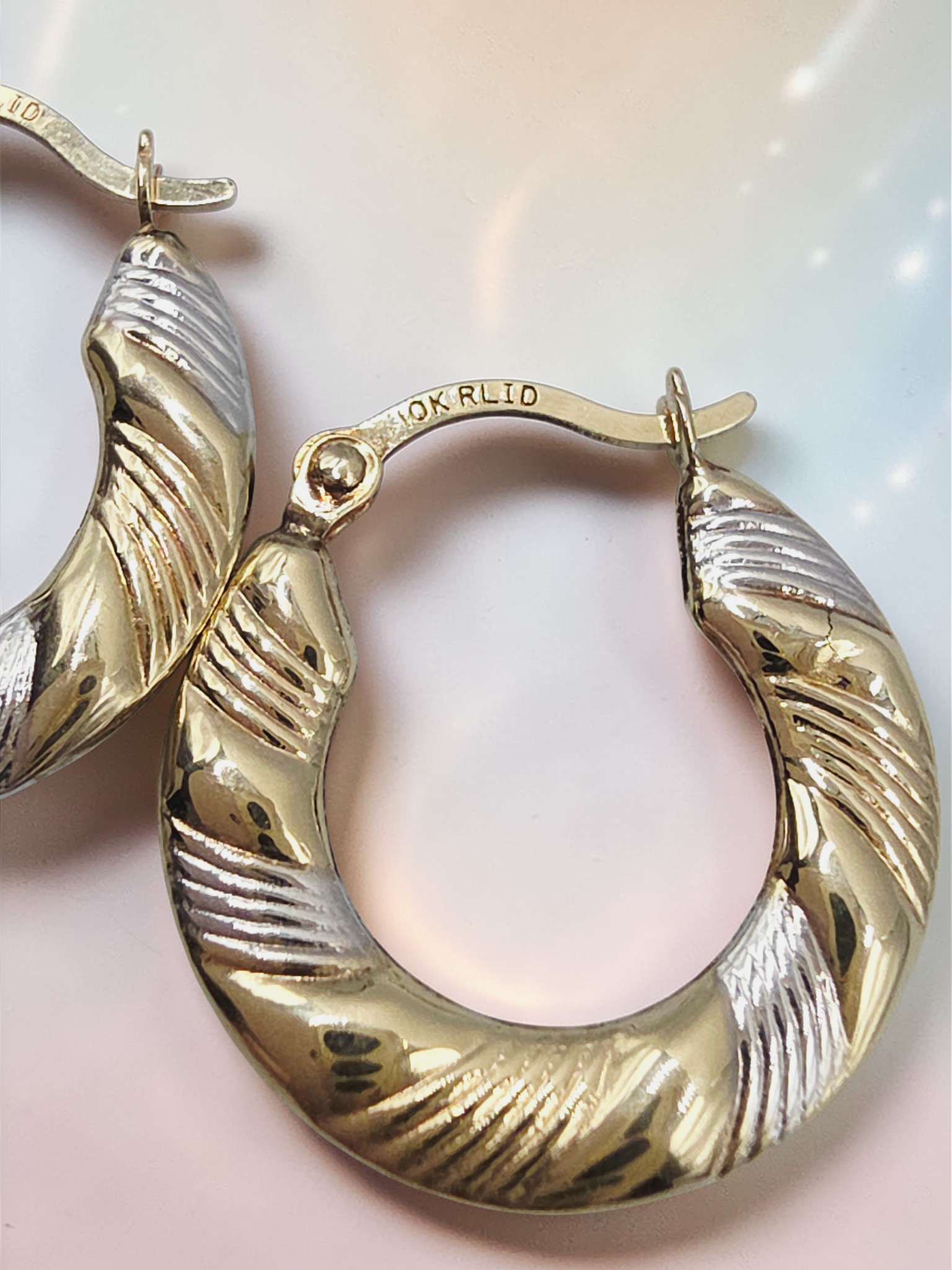 Solid 10K Two-Tone Gold Ribbed Textured Hoop Earrings