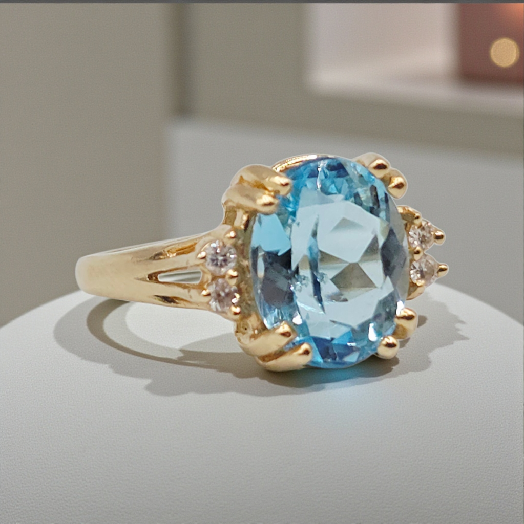 Solid 14K Yellow Gold Ring with Blue Topaz and Diamond Accents – Size 7.25