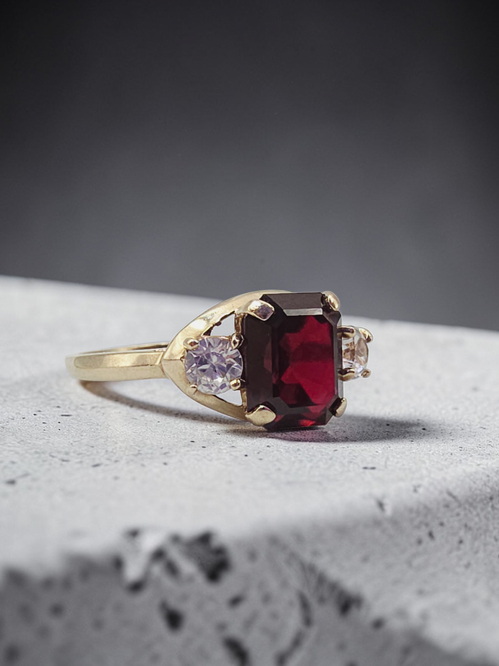 Solid 10K Yellow Gold Ring with Emerald-Cut Ruby & White Topaz Accents – Size 7