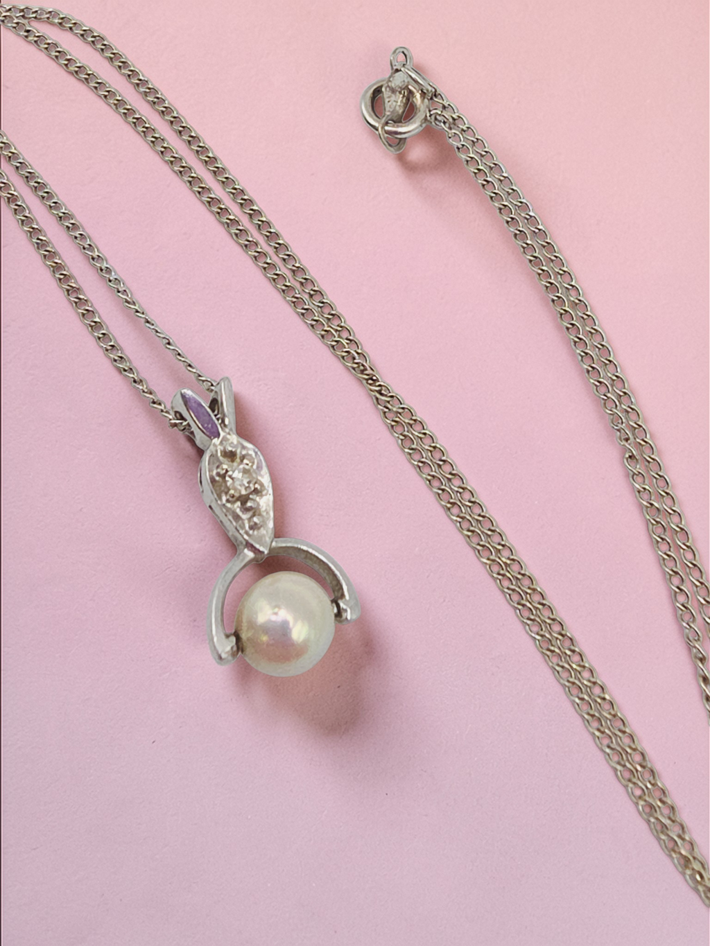 Solid 14K White Gold Necklace with Pearl & Diamond Pendant - 15 Inch