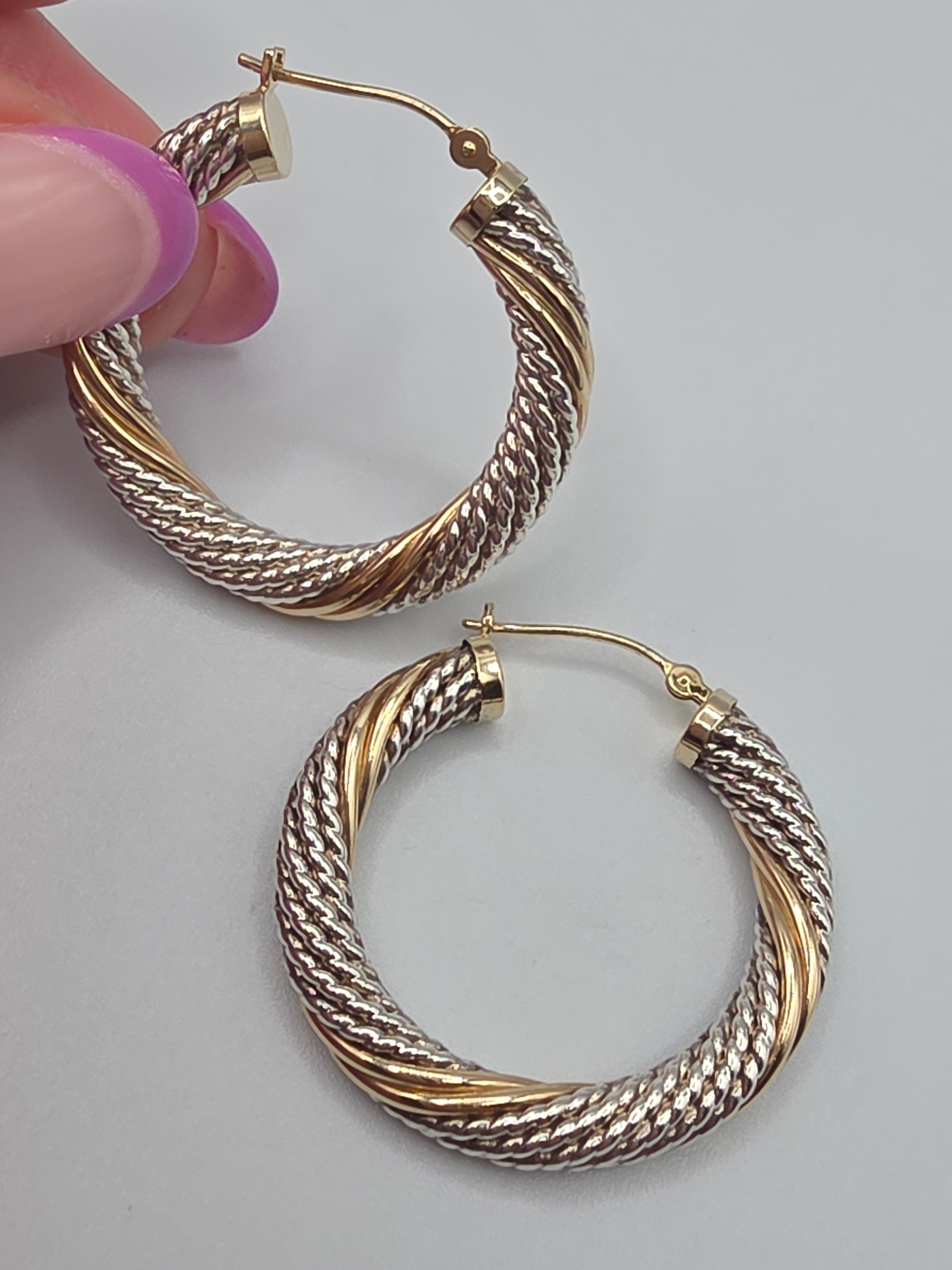 925 Sterling Silver Twisted Rope Hoop Earrings Solid 14K Yellow Gold Accents