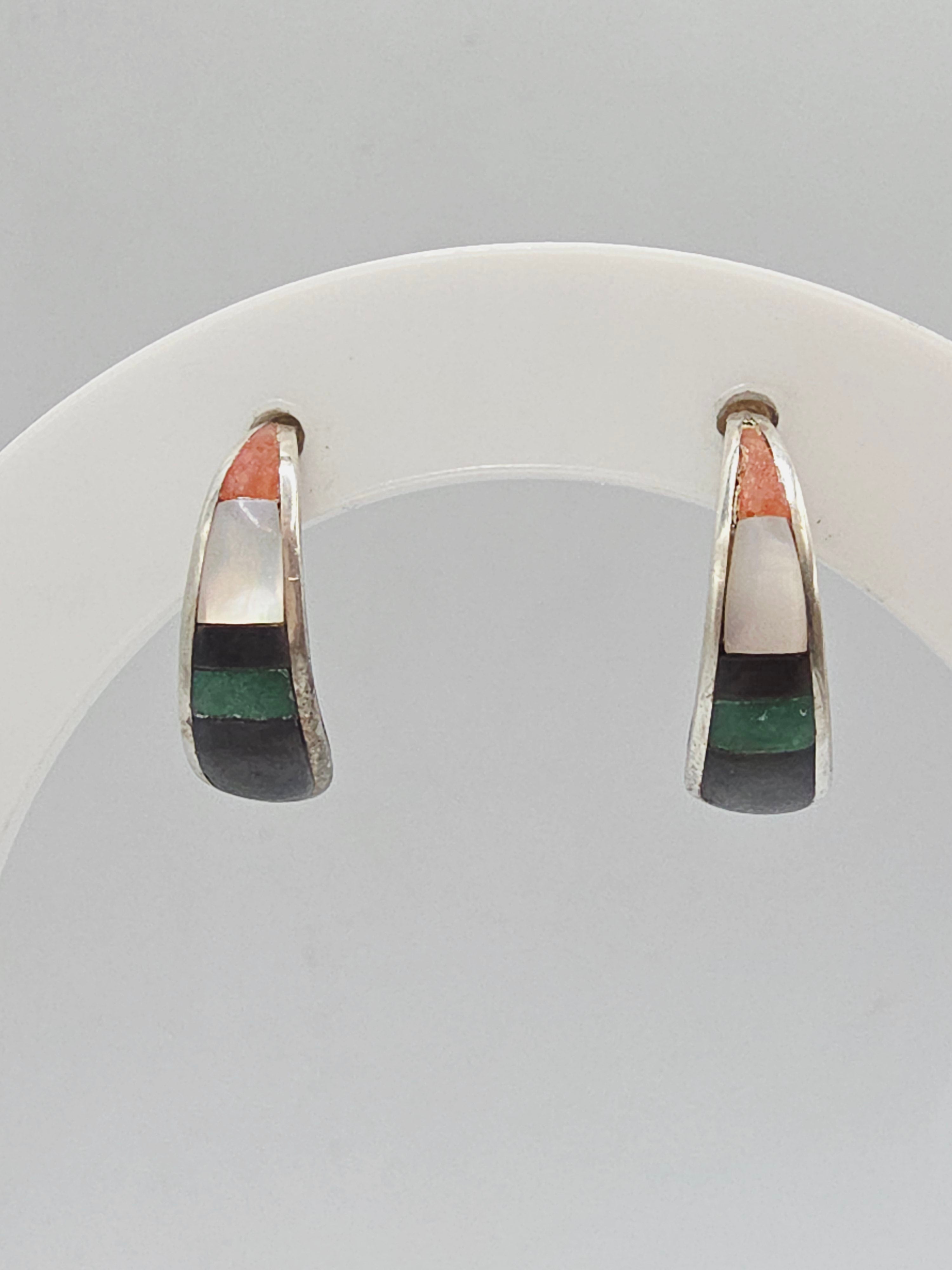 925 Sterling Silver Inlay Earrings Mother of Pearl Enamel Southwest Style