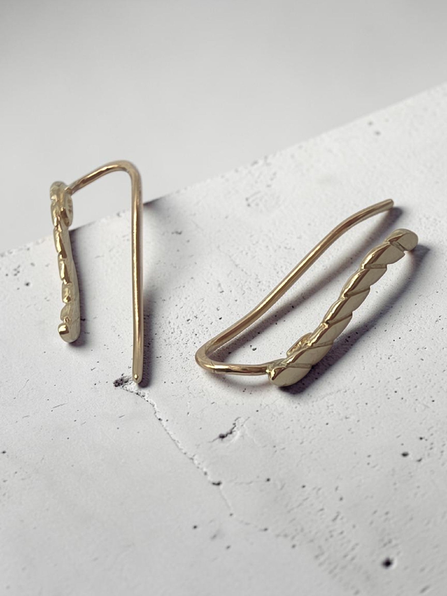 Solid 14K Yellow Gold Leaf Ear Climber Crawler Earrings Minimalist