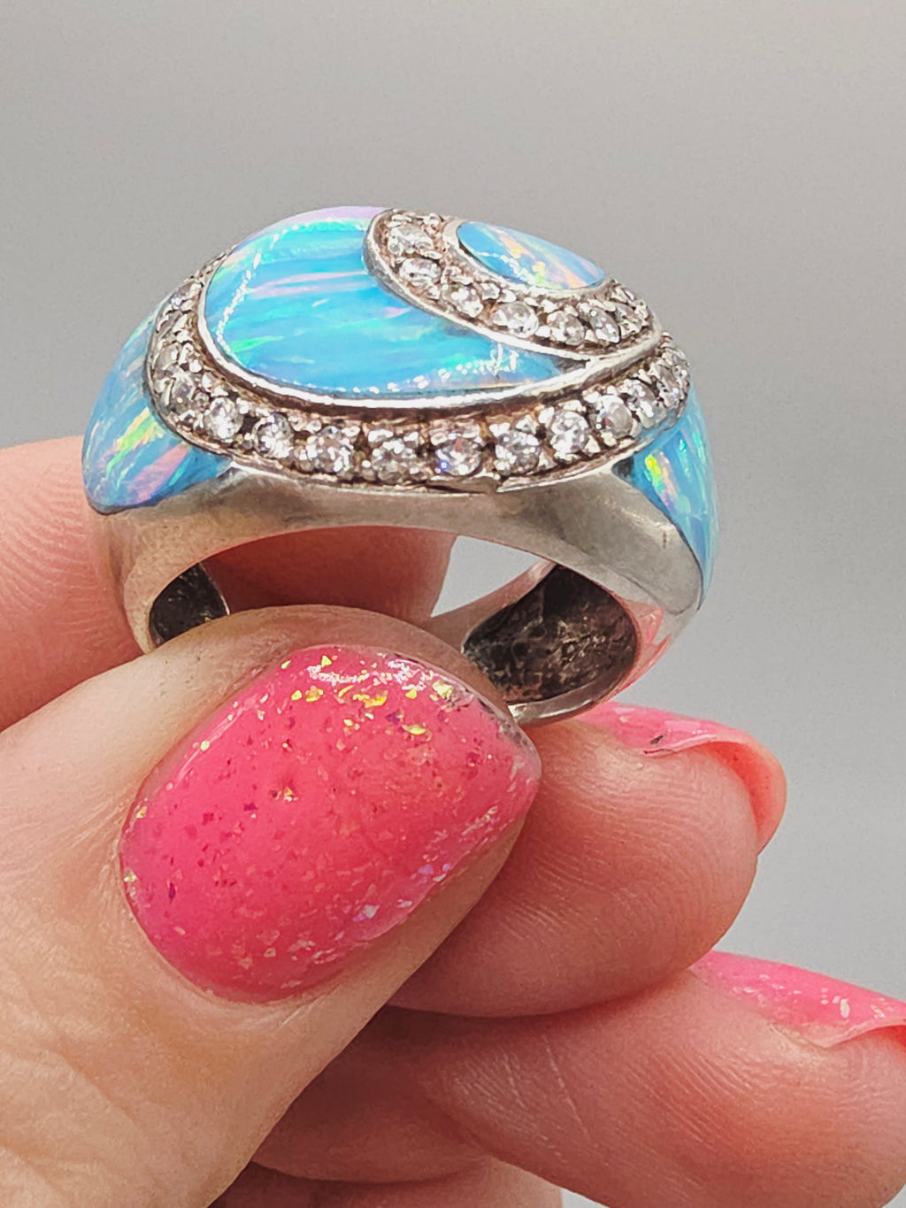 Unique 925 Sterling Silver Ring with Blue Opal and CZ accents - Size 8