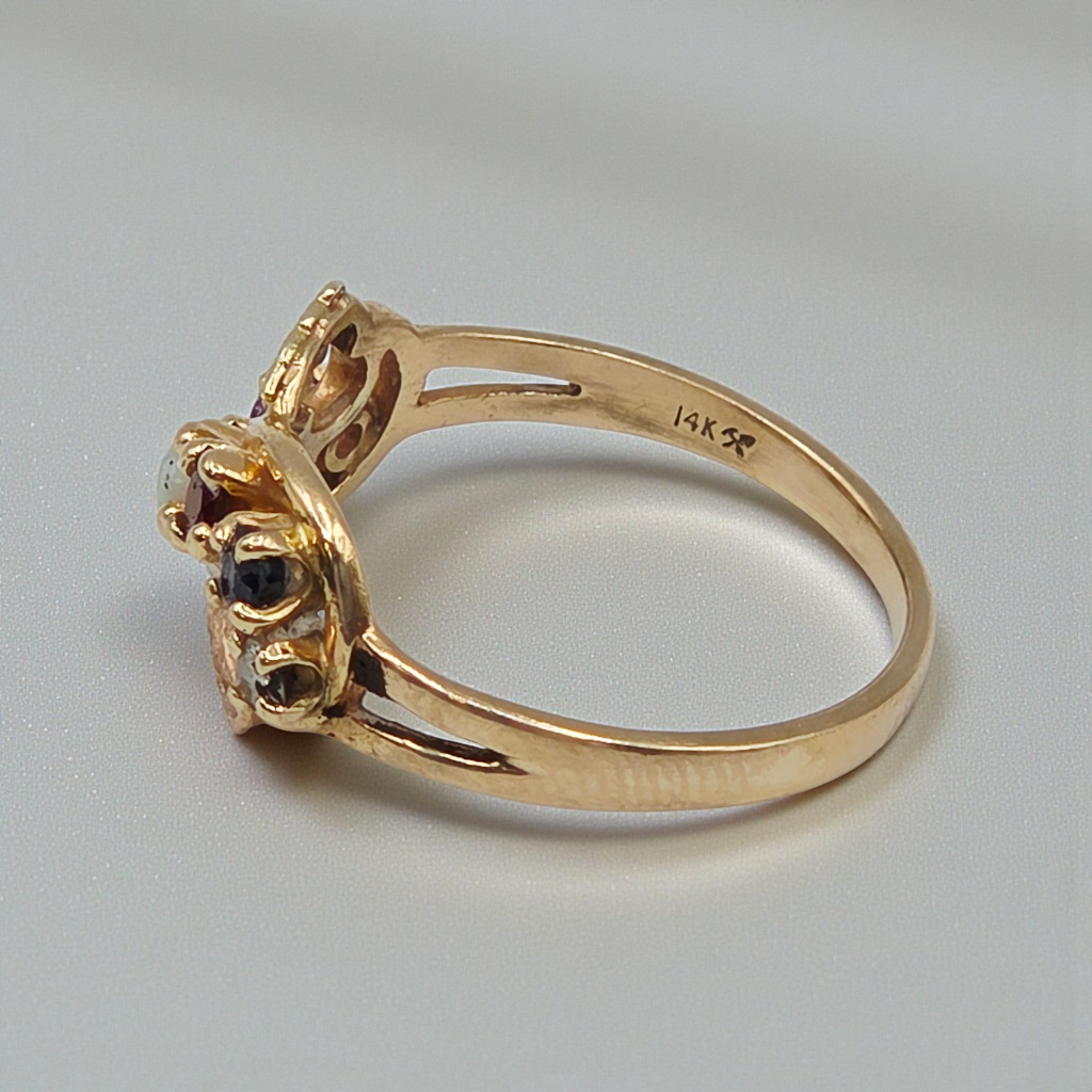 Solid 14K Yellow Gold Ring with Round Cut Opal, Garnet, Blue Topaz, Amethyst, and Diamond Size 8