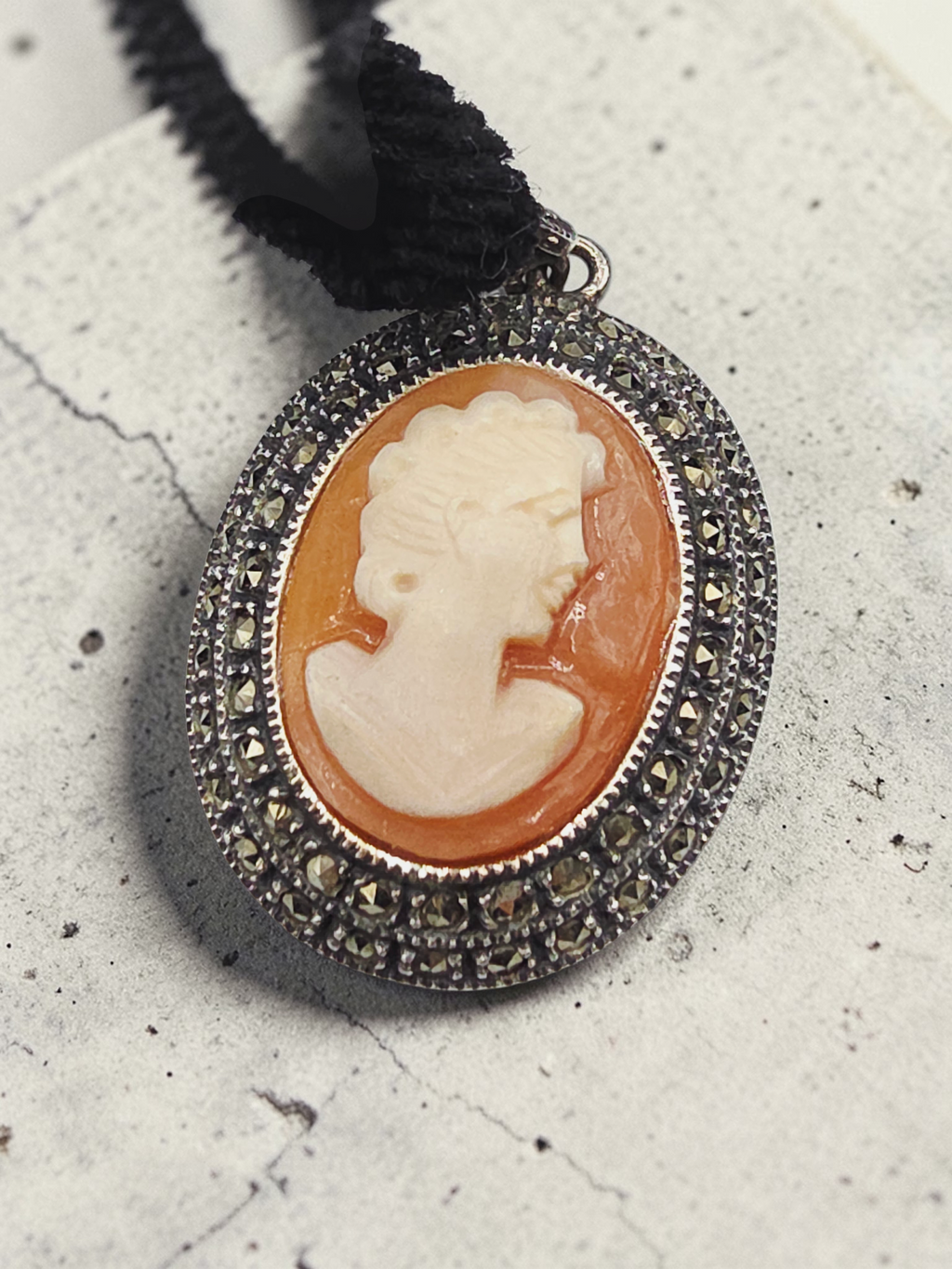 Judith Jack Sterling Silver Marcasite Cameo Pendant Velvet Necklace - Adjustable