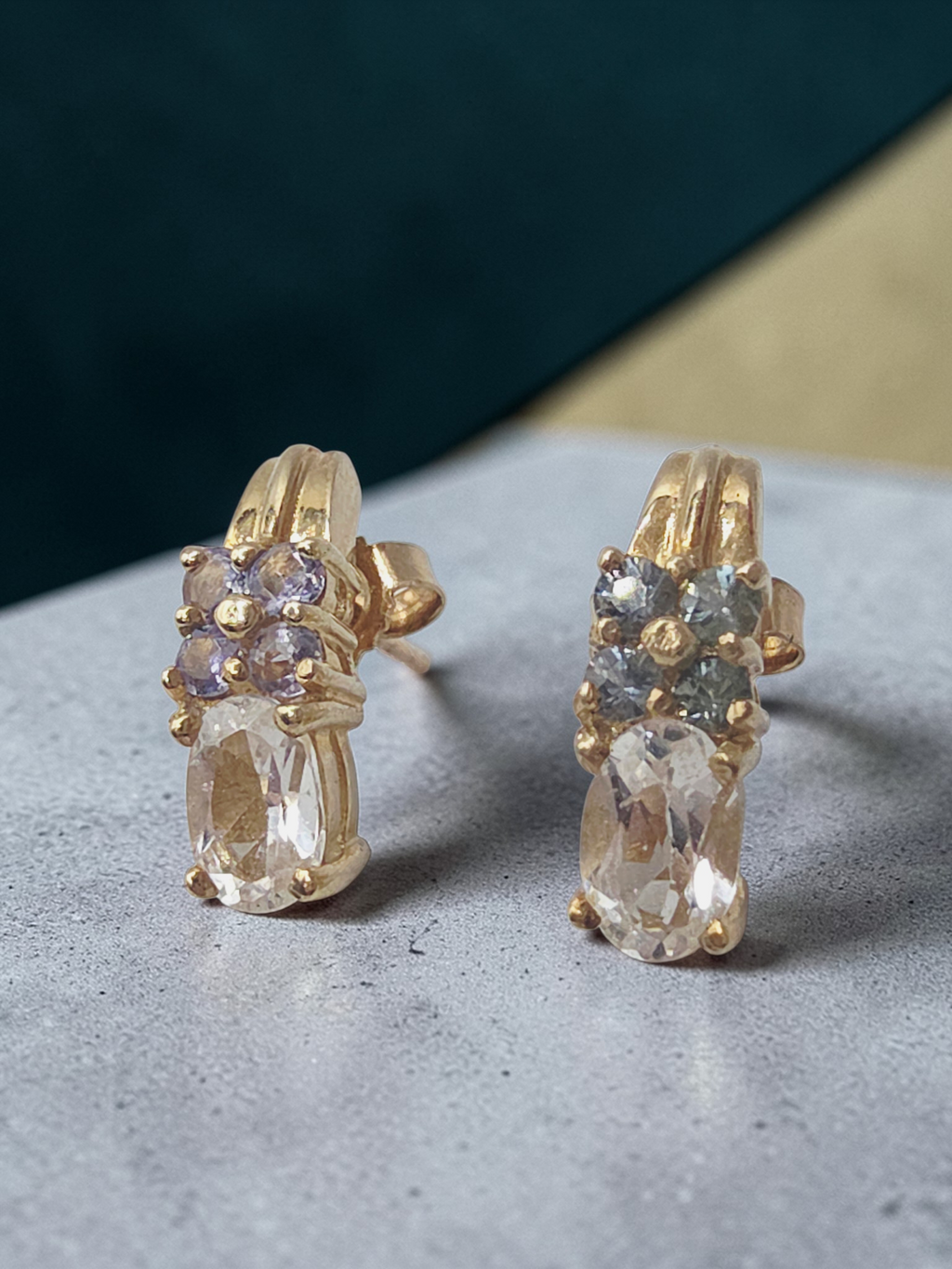 Solid 10K Yellow Gold White Topaz Stud Earrings with Blue & Purple Gemstones