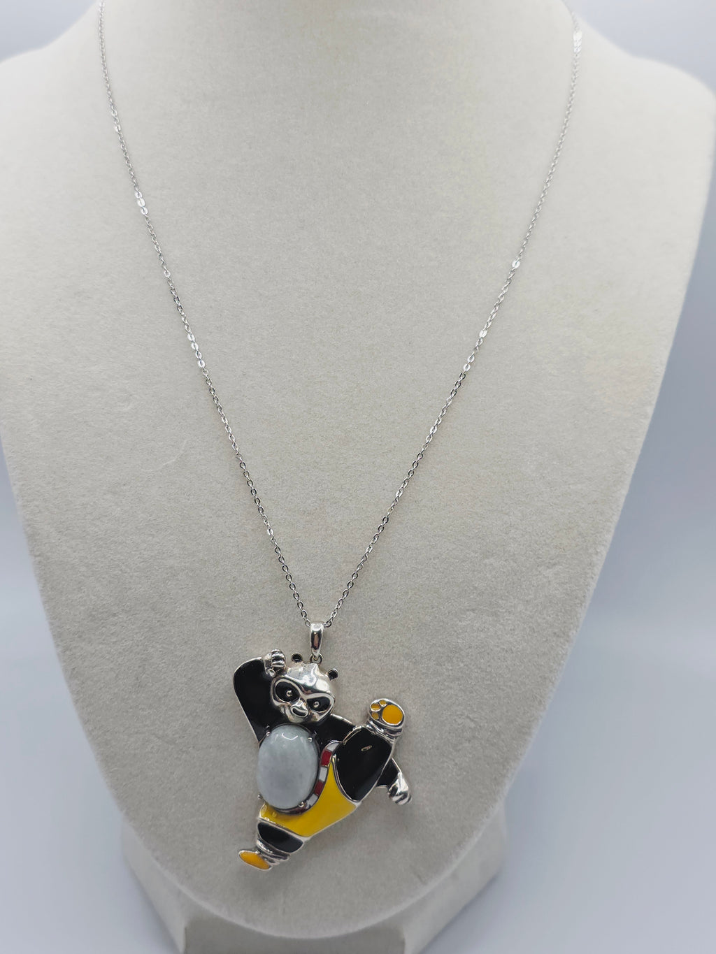 Sterling Silver Kung Fu Panda Pendant Necklace with Jade & Enamel - 18 Inch