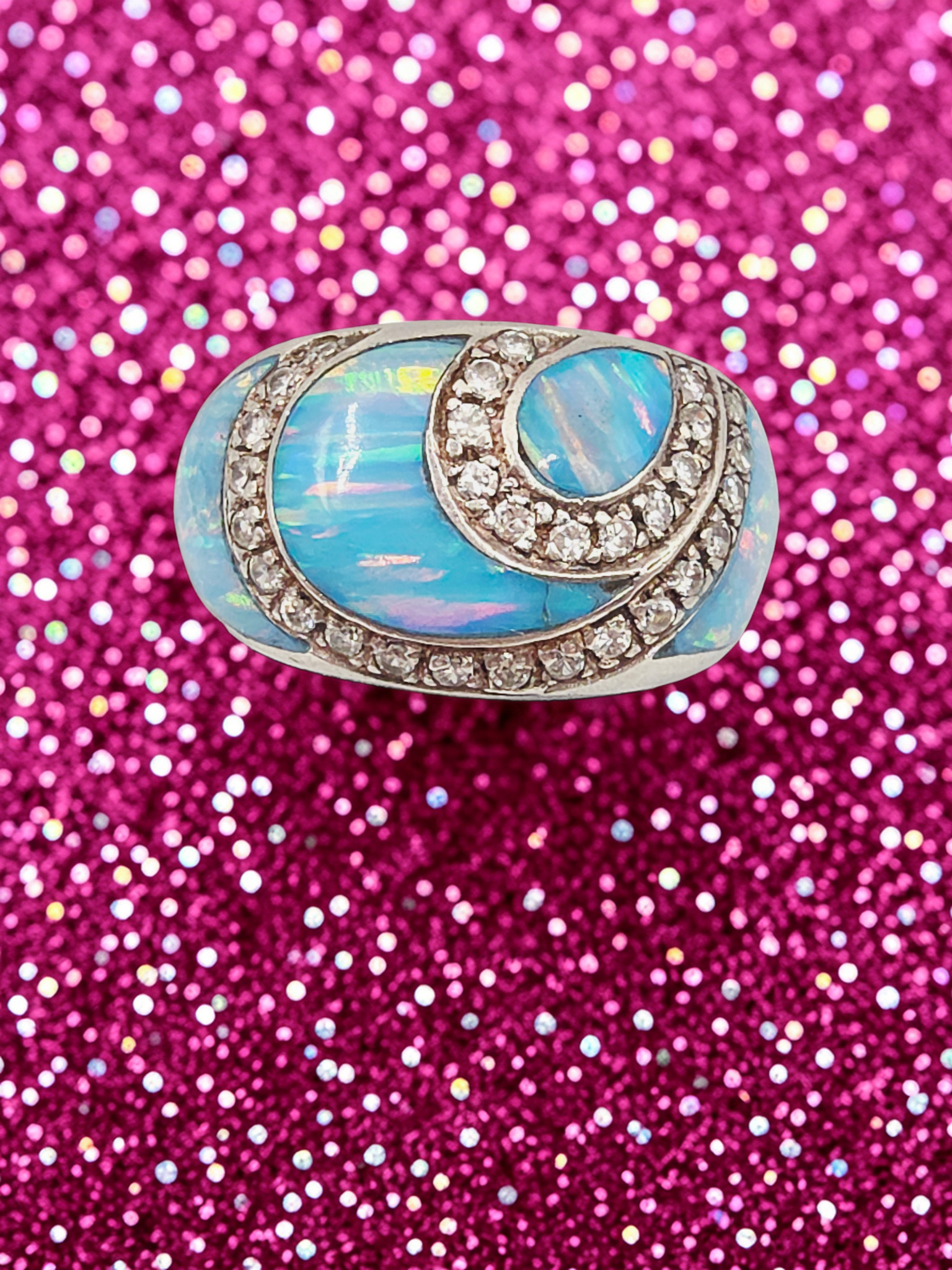 Unique 925 Sterling Silver Ring with Blue Opal and CZ accents - Size 8