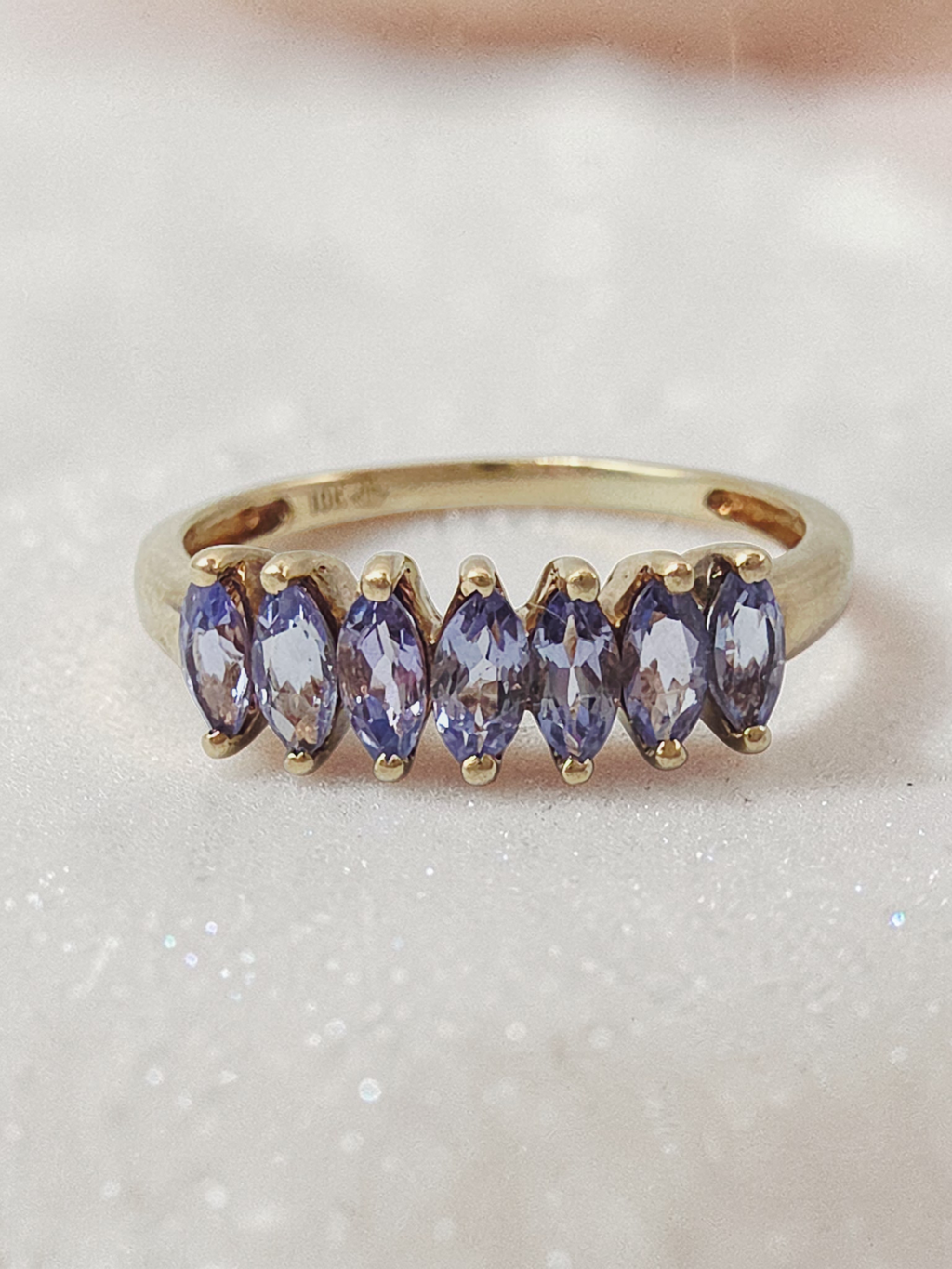 Solid 10K Yellow Gold Ring with Marquise Cut Tanzanite Cluster - Size 6