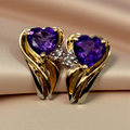 Solid 10K Yellow Gold Stud Earrings with Heart Cut Amethysts