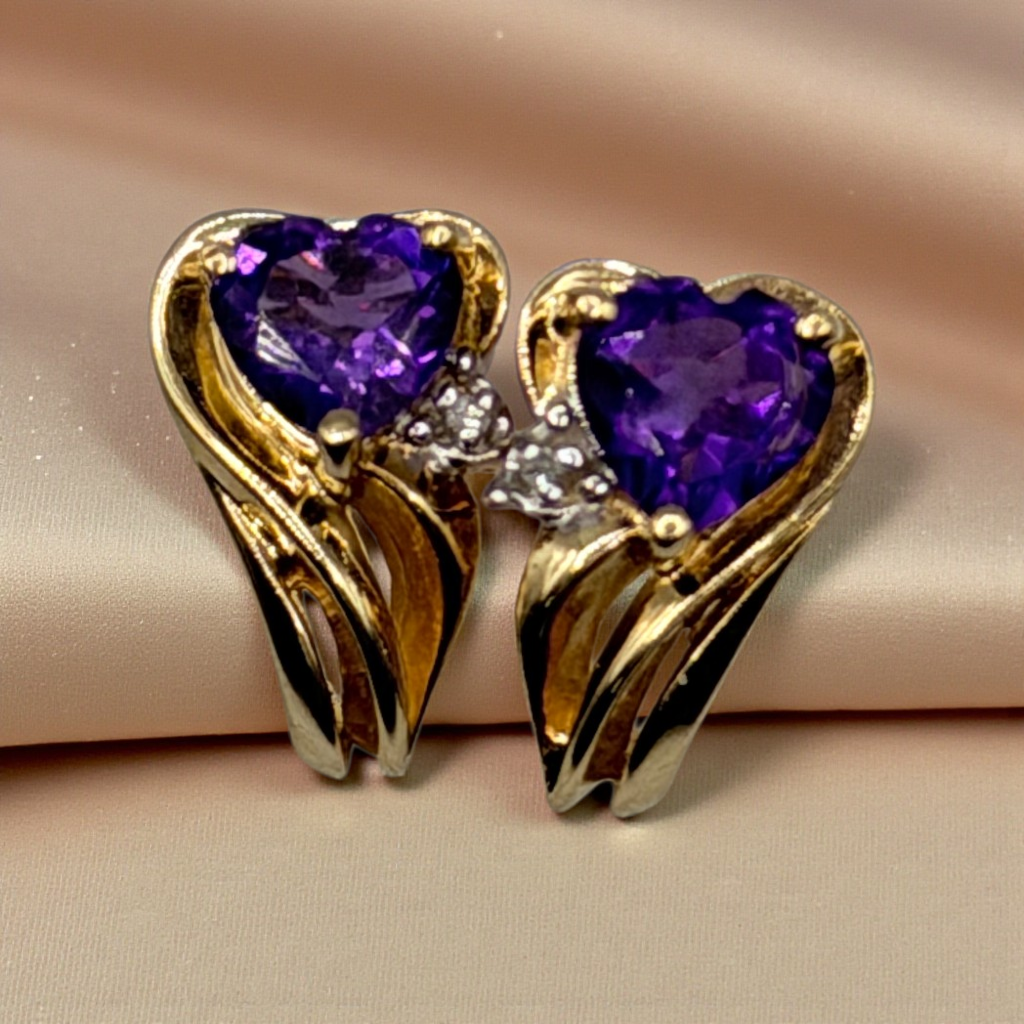 Solid 10K Yellow Gold Stud Earrings with Heart Cut Amethysts