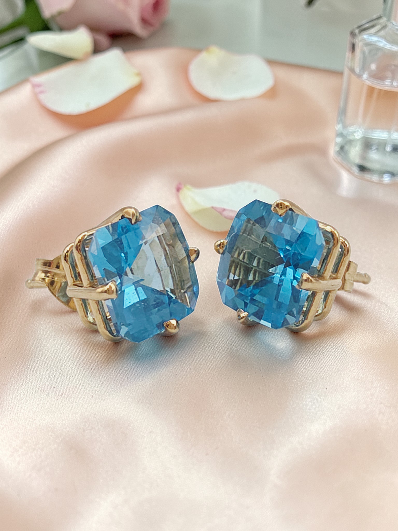 Solid 14K Yellow Gold Cushion Cut Blue Topaz Stud Earrings