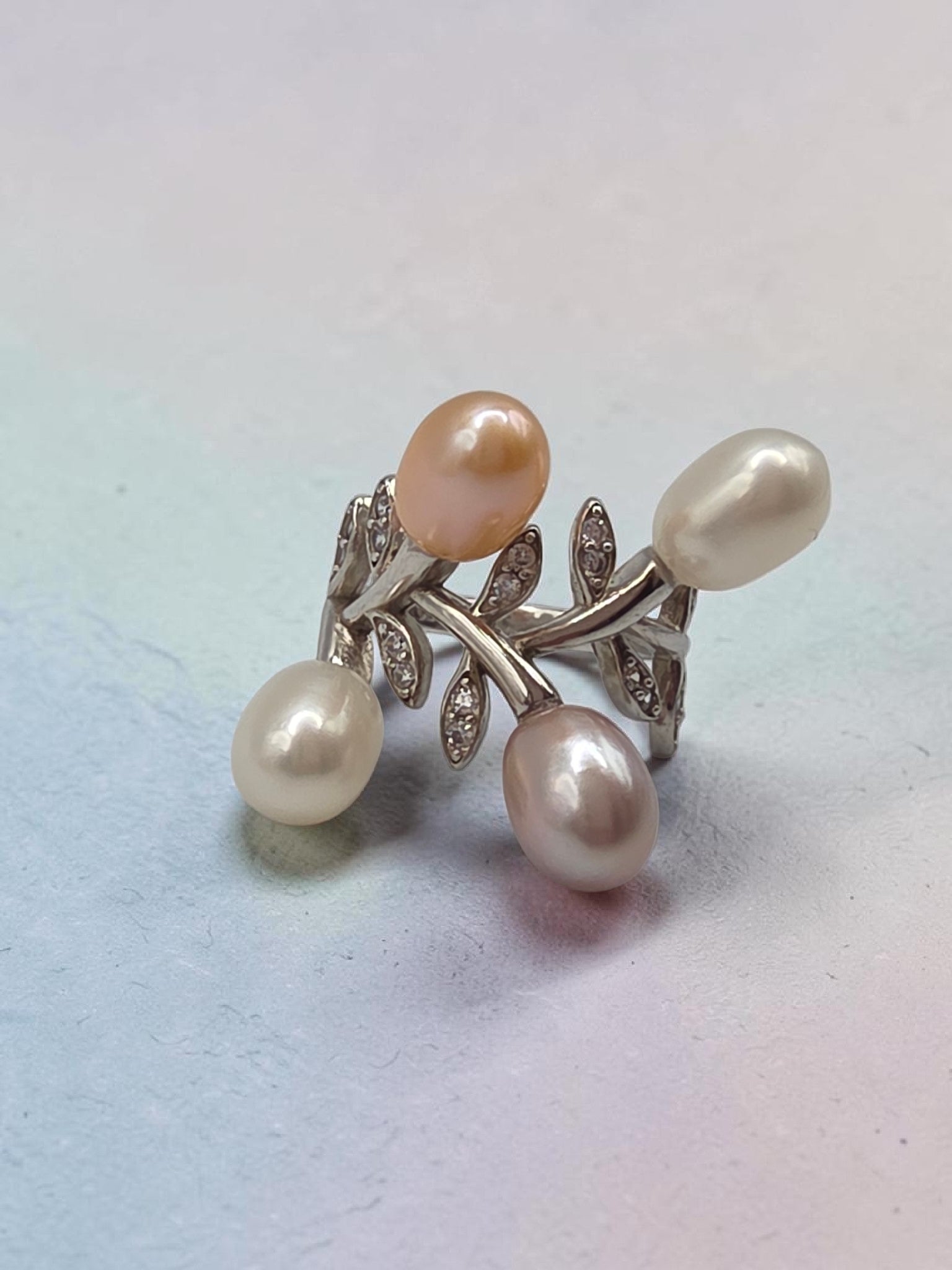 925 Sterling Silver Multi Color Pearl Floral Ring with CZ Leaf Accents - Size 6