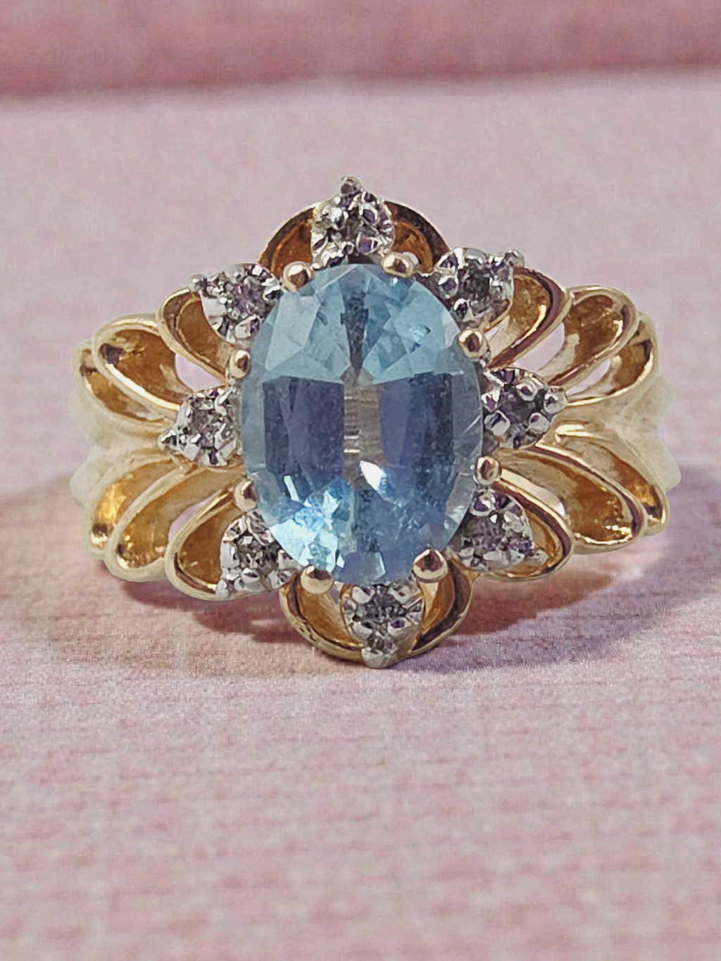 Solid 10K Yellow Gold Ring with Blue Topaz & Diamond Accents - Size 7.75