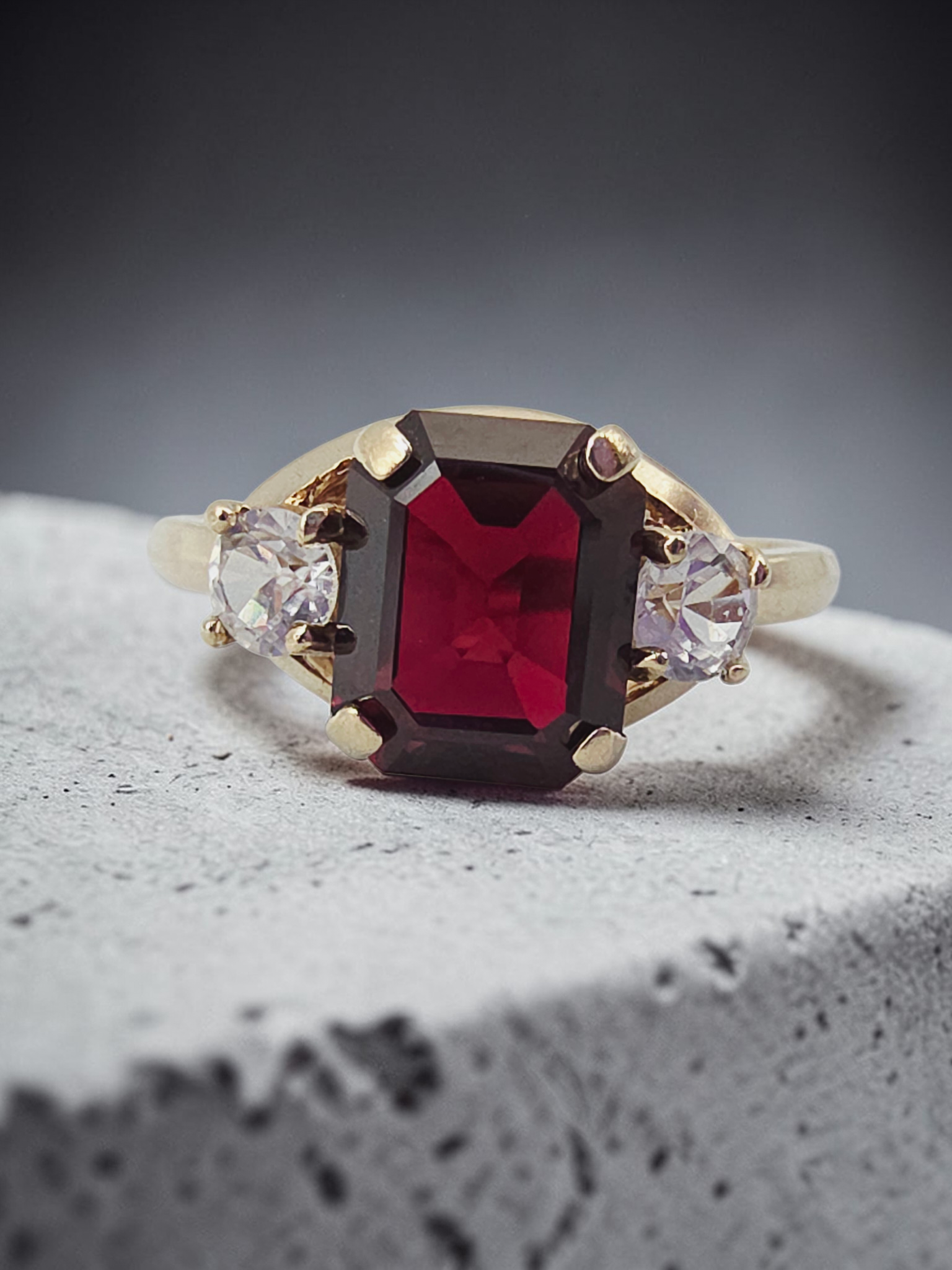 Solid 10K Yellow Gold Ring with Emerald-Cut Ruby & White Topaz Accents – Size 7