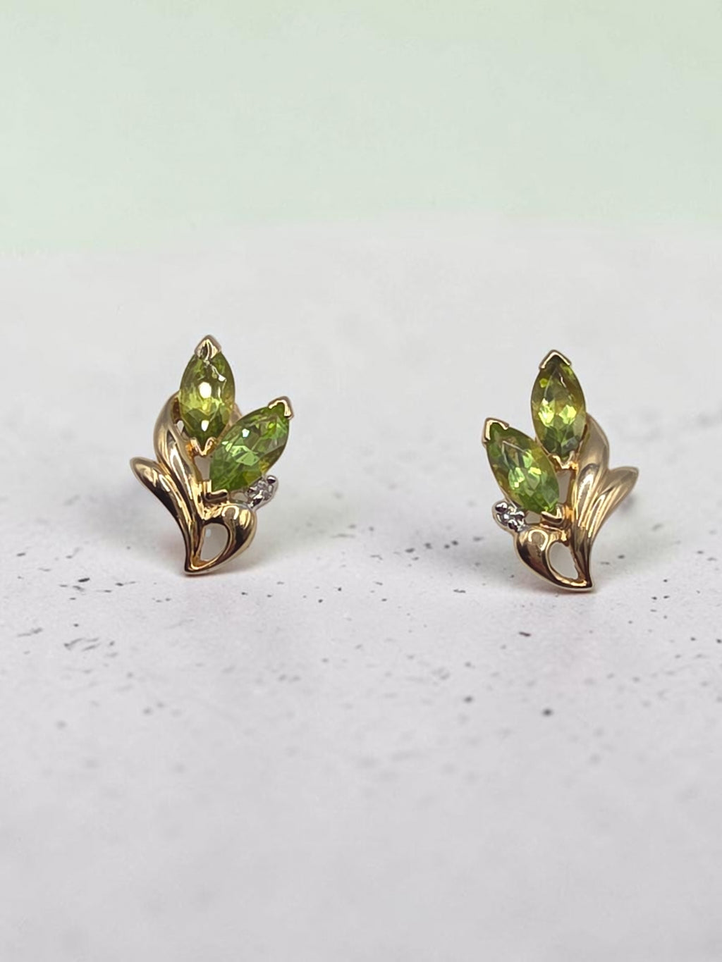 Solid 14K Yellow Gold Marquise Peridot and Diamond Floral Stud Earrings