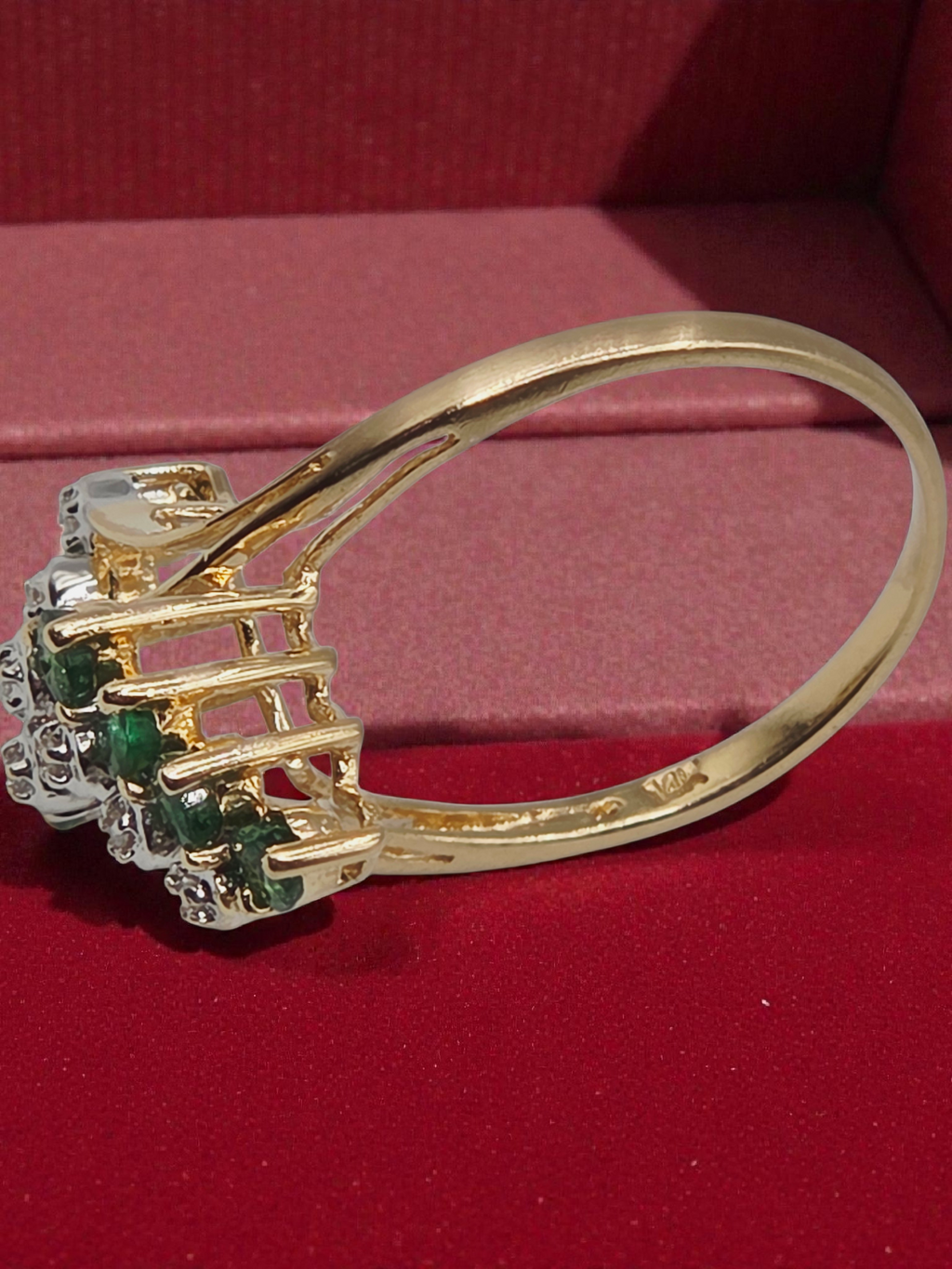 Solid 14K Yellow Gold Ring with Round Cut Emeralds & Diamonds - Size 8