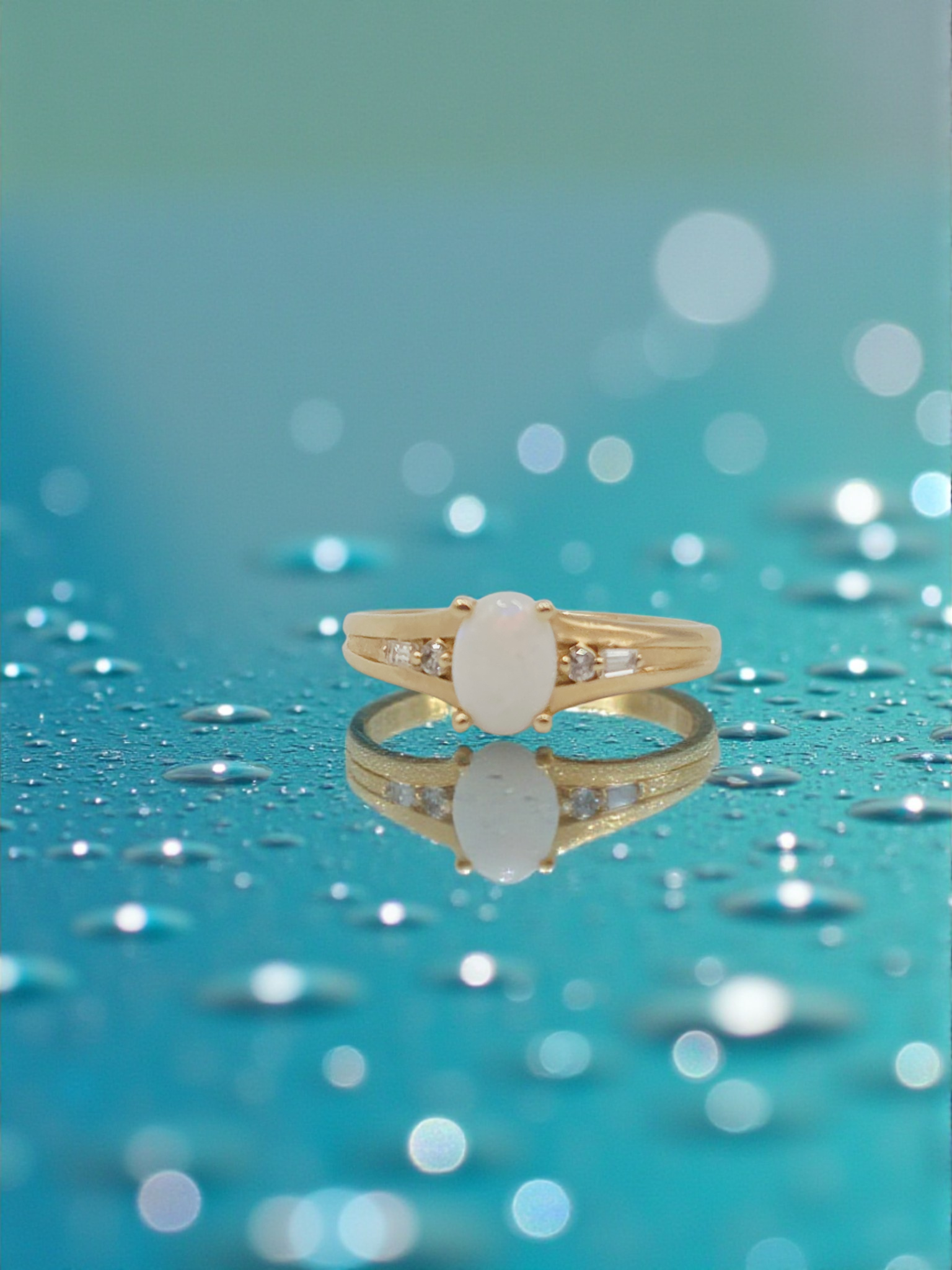 Solid 14K Yellow Gold Ring with Oval-Cut Opal and Diamond Accents - Size 7.25