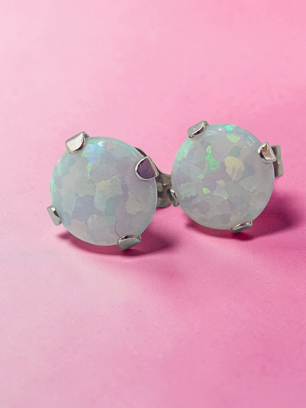 Solid 10K White Gold Opal Stud Earrings Round Cabochon October Birthstone