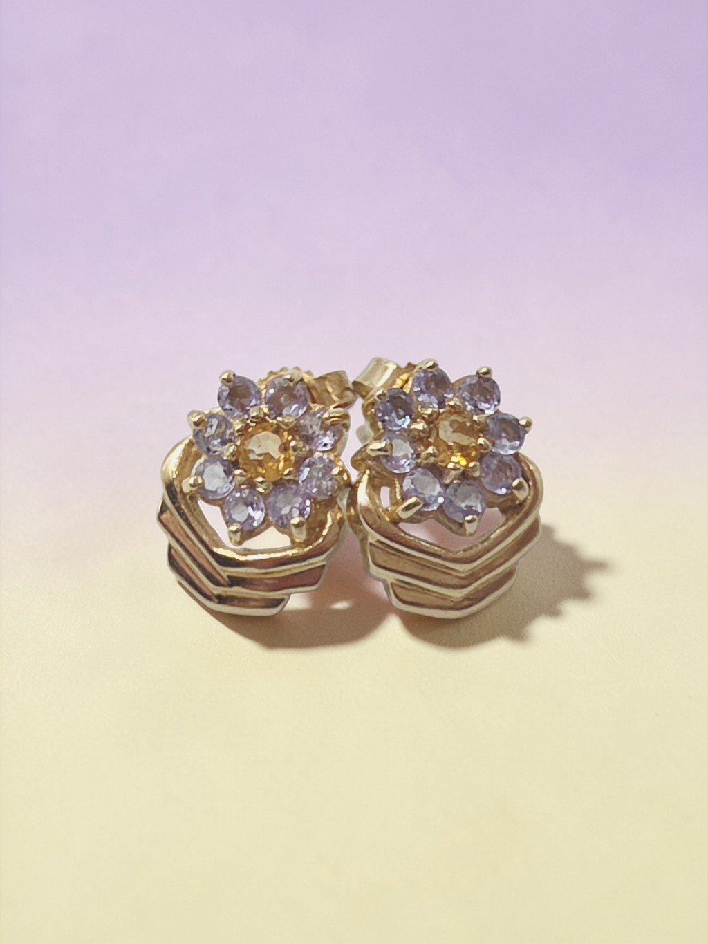 Solid 10K Yellow Gold Citrine & Tanzanite Floral Stud Earrings
