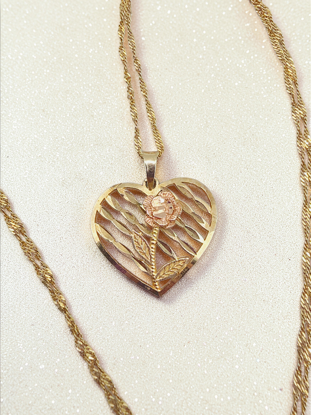 Solid 10K Two-Tone Gold Rose in Heart Pendant Necklace - 18 Inch - Italy